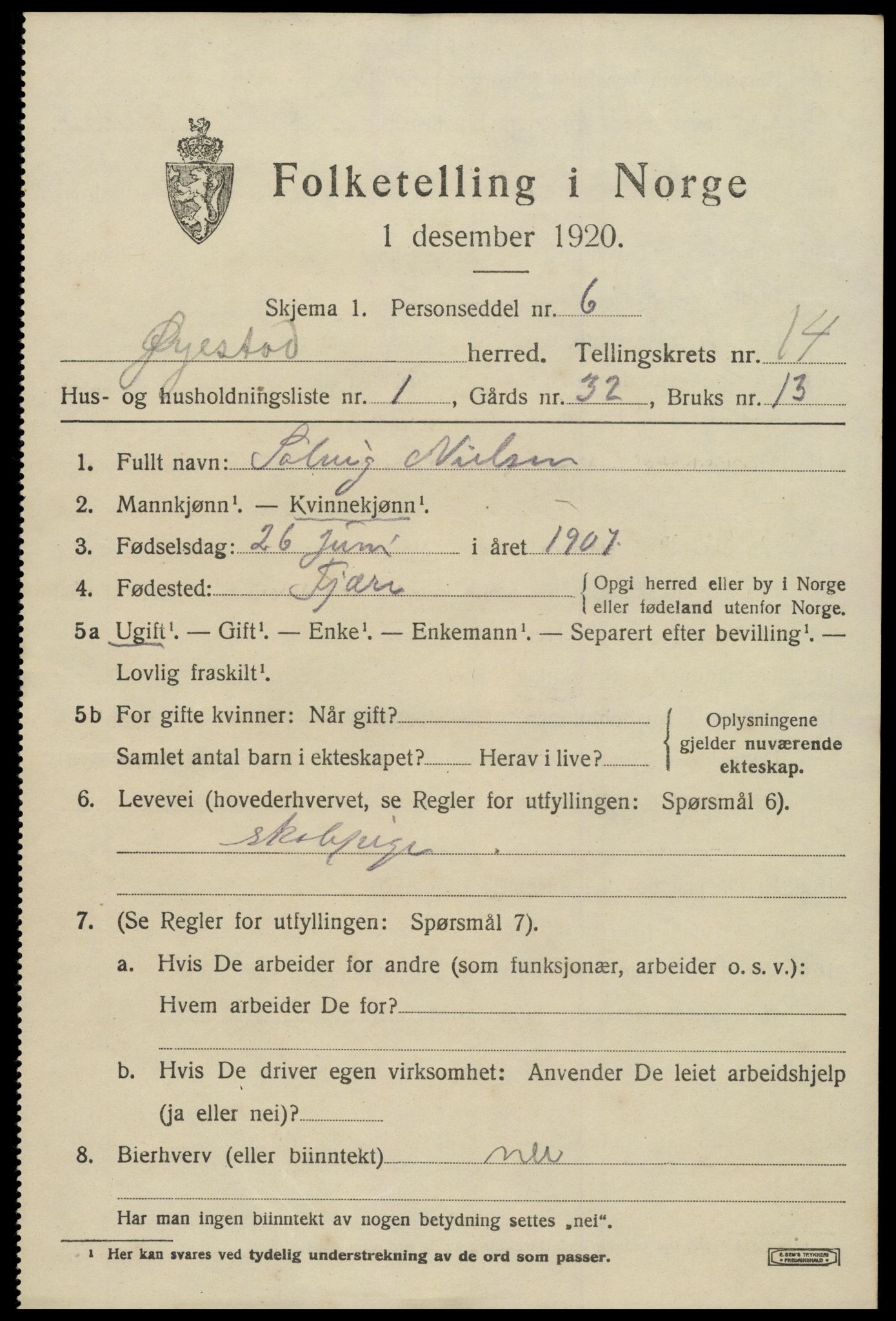 SAK, 1920 census for Øyestad, 1920, p. 9266