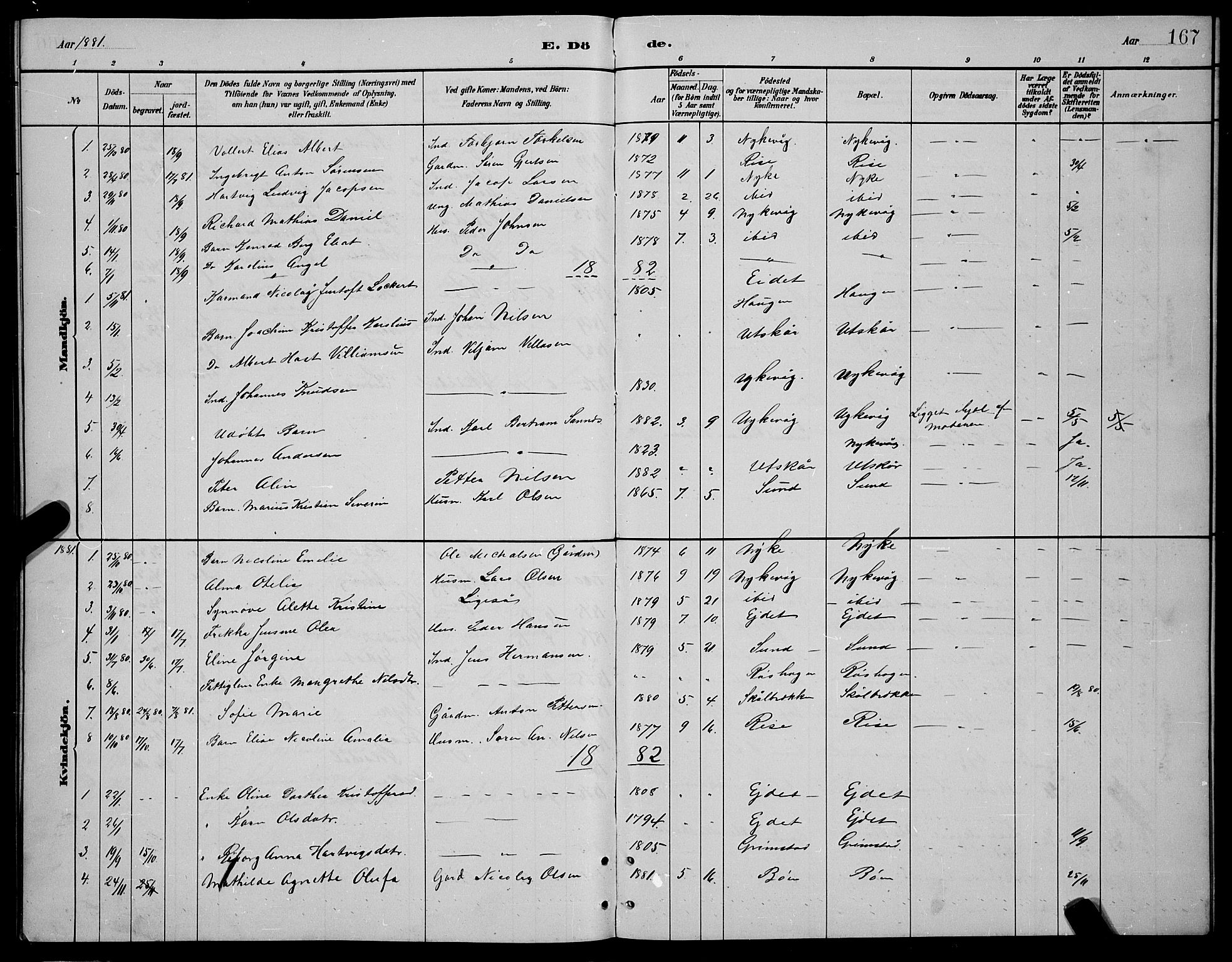 Ministerialprotokoller, klokkerbøker og fødselsregistre - Nordland, AV/SAT-A-1459/892/L1325: Parish register (copy) no. 892C02, 1878-1896, p. 167