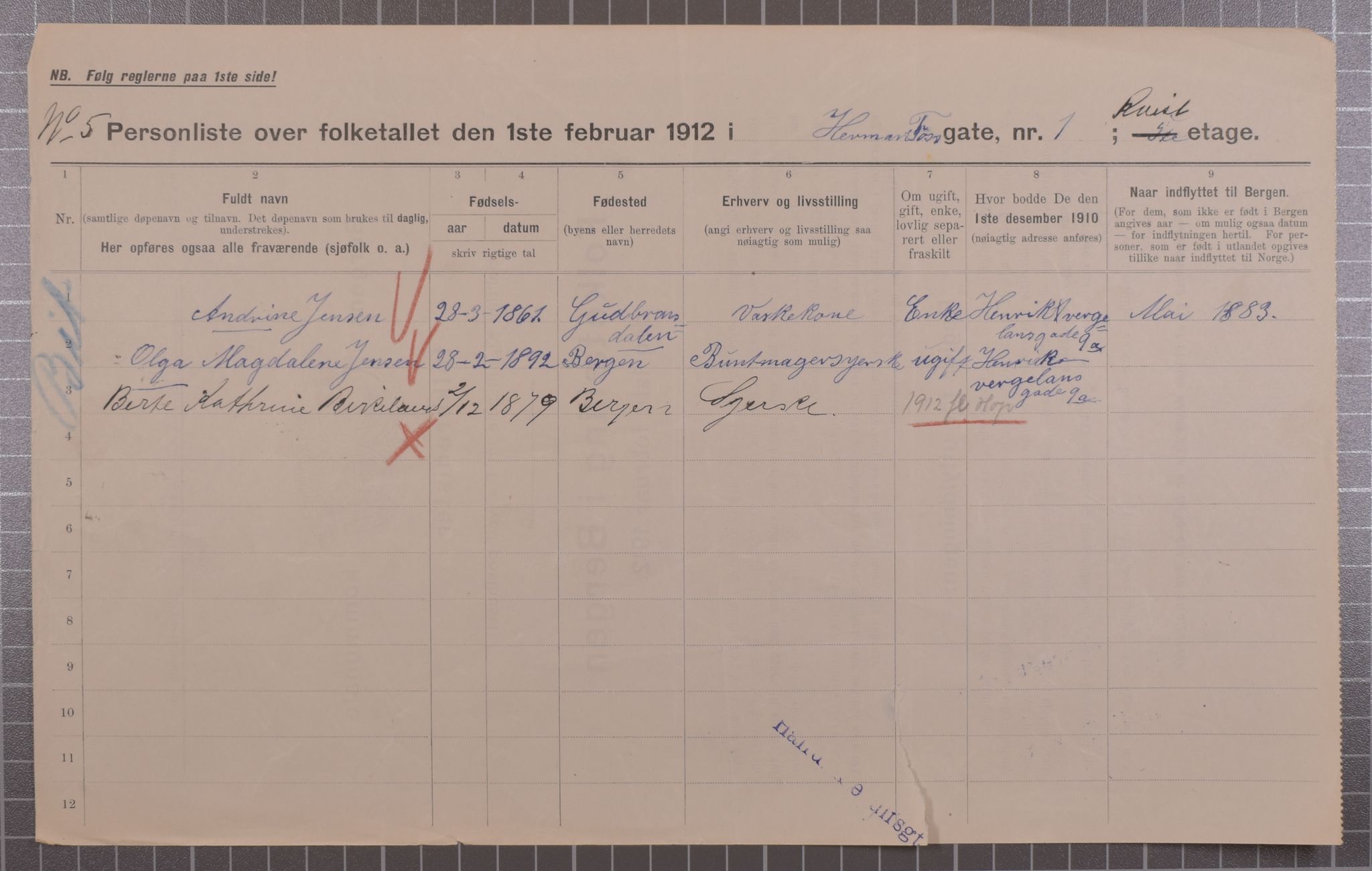 SAB, Municipal Census 1912 for Bergen, 1912, p. 2911