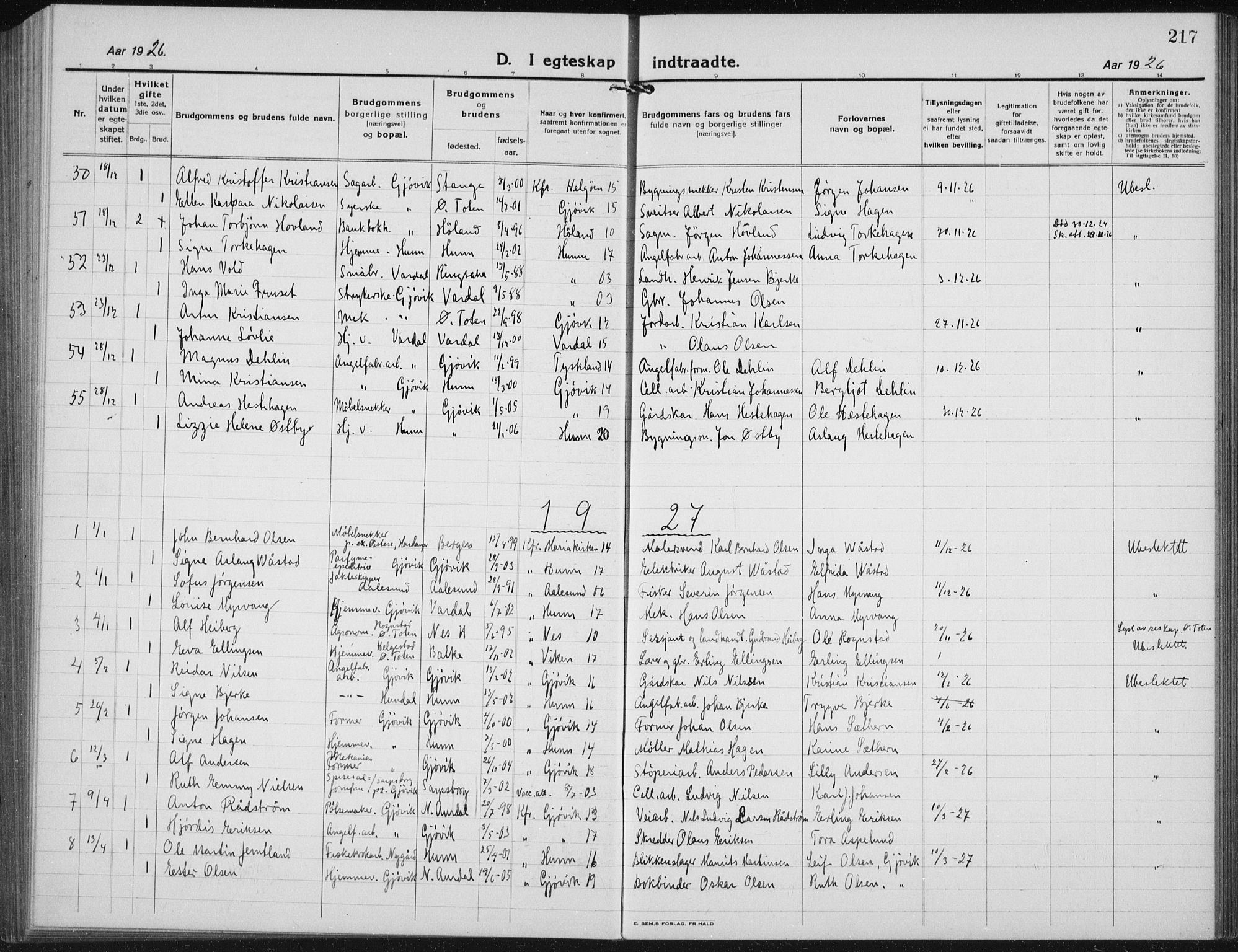 Vardal prestekontor, SAH/PREST-100/H/Ha/Hab/L0017: Parish register (copy) no. 17, 1922-1941, p. 217