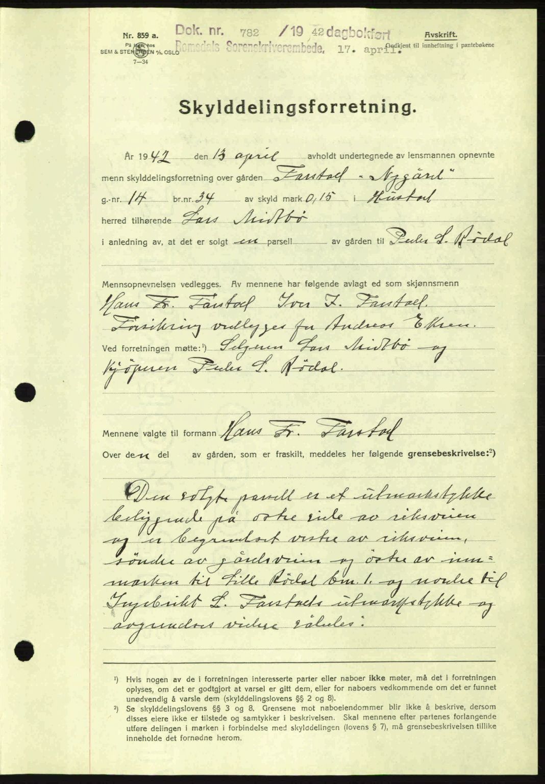 Romsdal sorenskriveri, AV/SAT-A-4149/1/2/2C: Mortgage book no. A12, 1942-1942, Diary no: : 782/1942