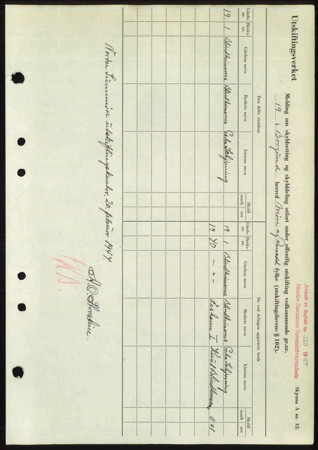 Nordre Sunnmøre sorenskriveri, AV/SAT-A-0006/1/2/2C/2Ca: Mortgage book no. A24, 1947-1947, Diary no: : 313/1947