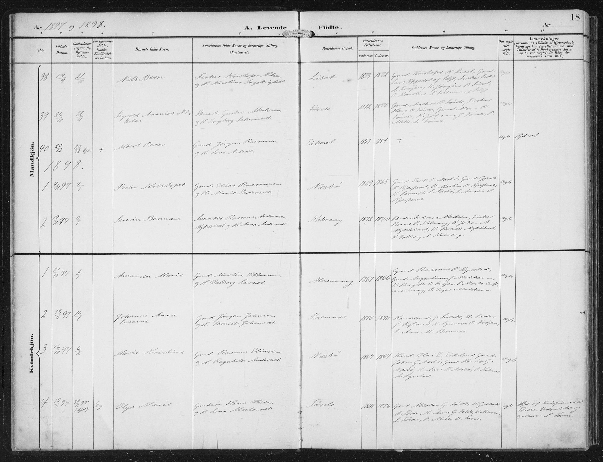 Bremanger sokneprestembete, SAB/A-82201/H/Haa/Haab/L0002: Parish register (official) no. B  2, 1896-1908, p. 18