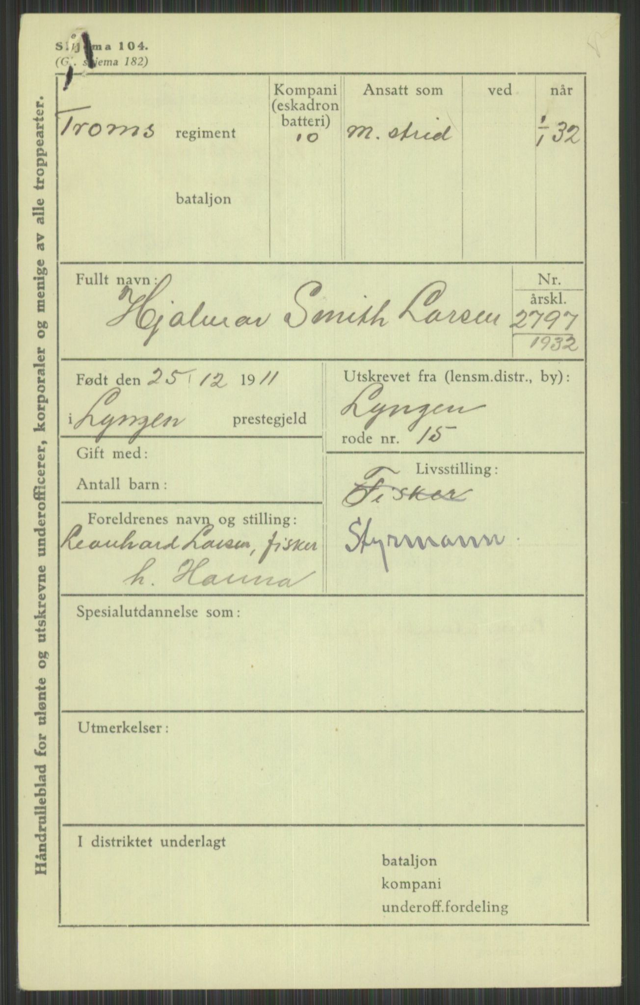 Forsvaret, Troms infanteriregiment nr. 16, AV/RA-RAFA-3146/P/Pa/L0016: Rulleblad for regimentets menige mannskaper, årsklasse 1932, 1932, p. 941