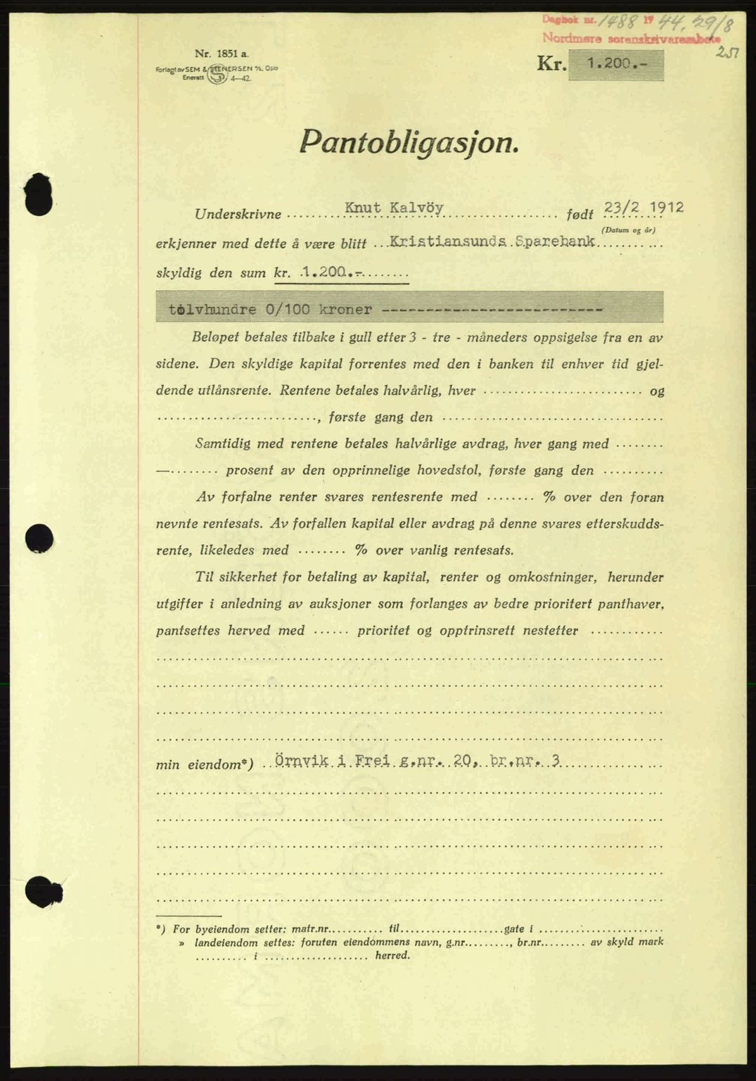 Nordmøre sorenskriveri, AV/SAT-A-4132/1/2/2Ca: Mortgage book no. A98, 1944-1944, Diary no: : 1488/1944