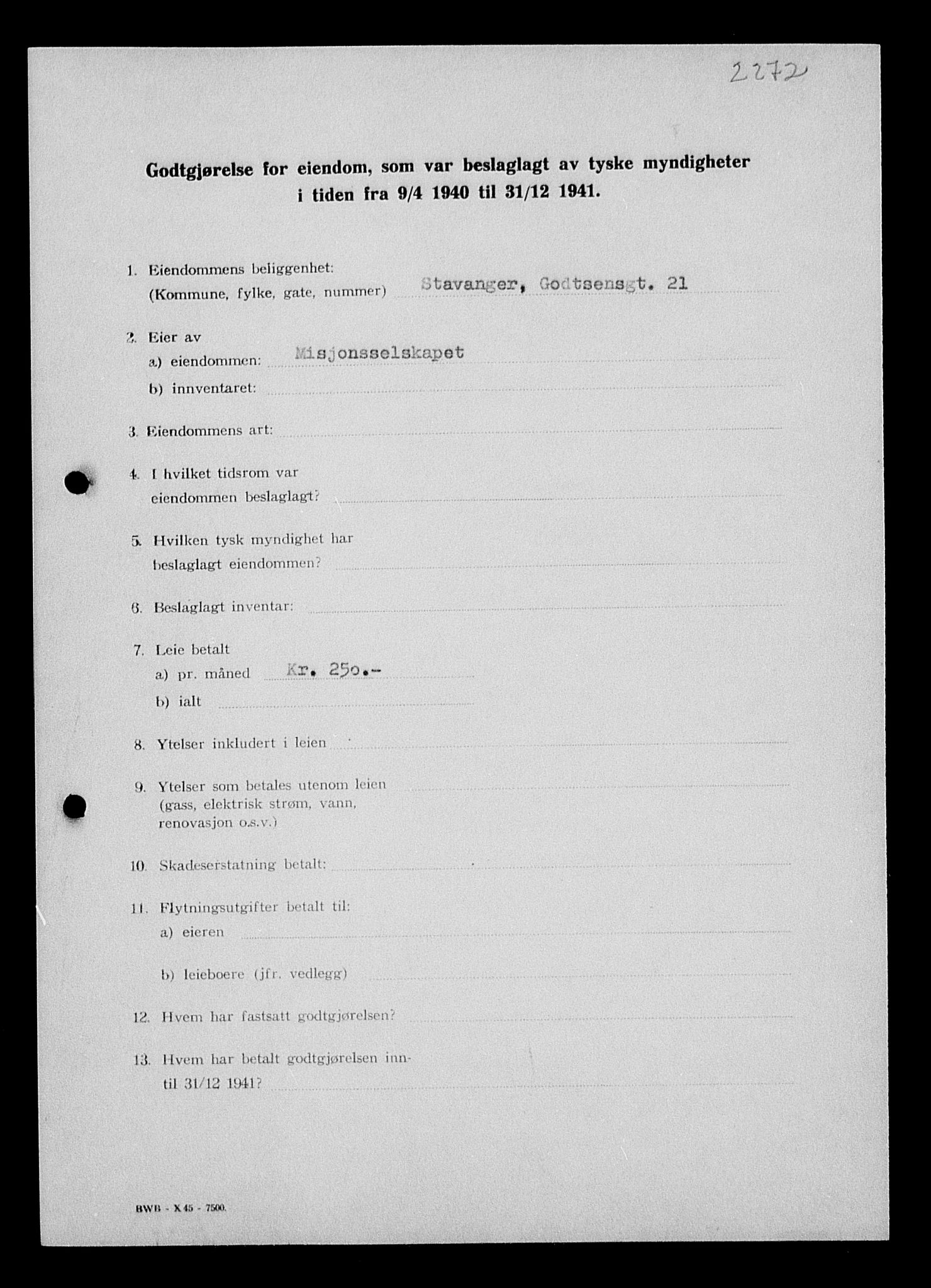 Justisdepartementet, Tilbakeføringskontoret for inndratte formuer, AV/RA-S-1564/I/L1014: Godtgjørelse for beslaglagt eiendom, 1940-1941, p. 91