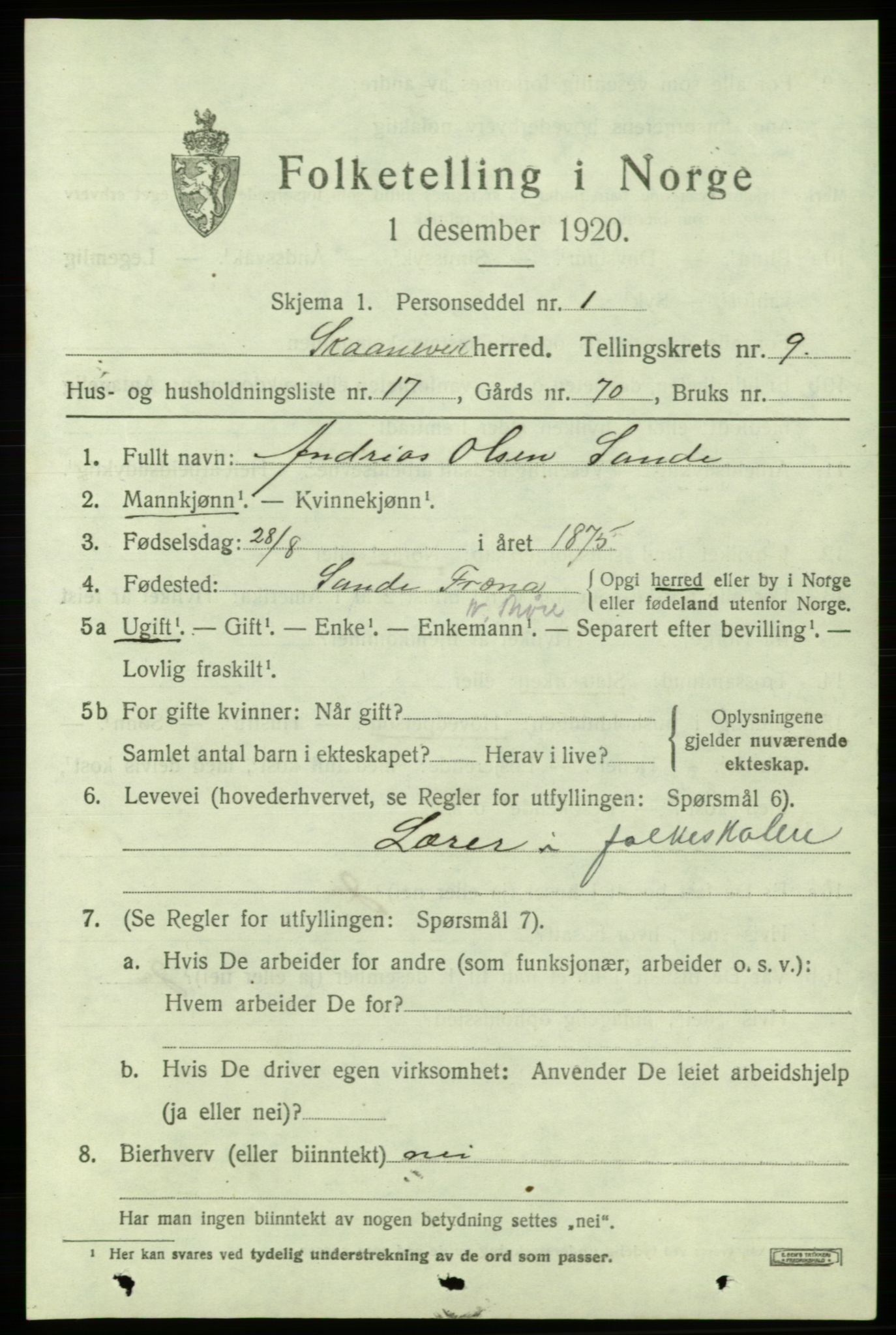 SAB, 1920 census for Skånevik, 1920, p. 5071