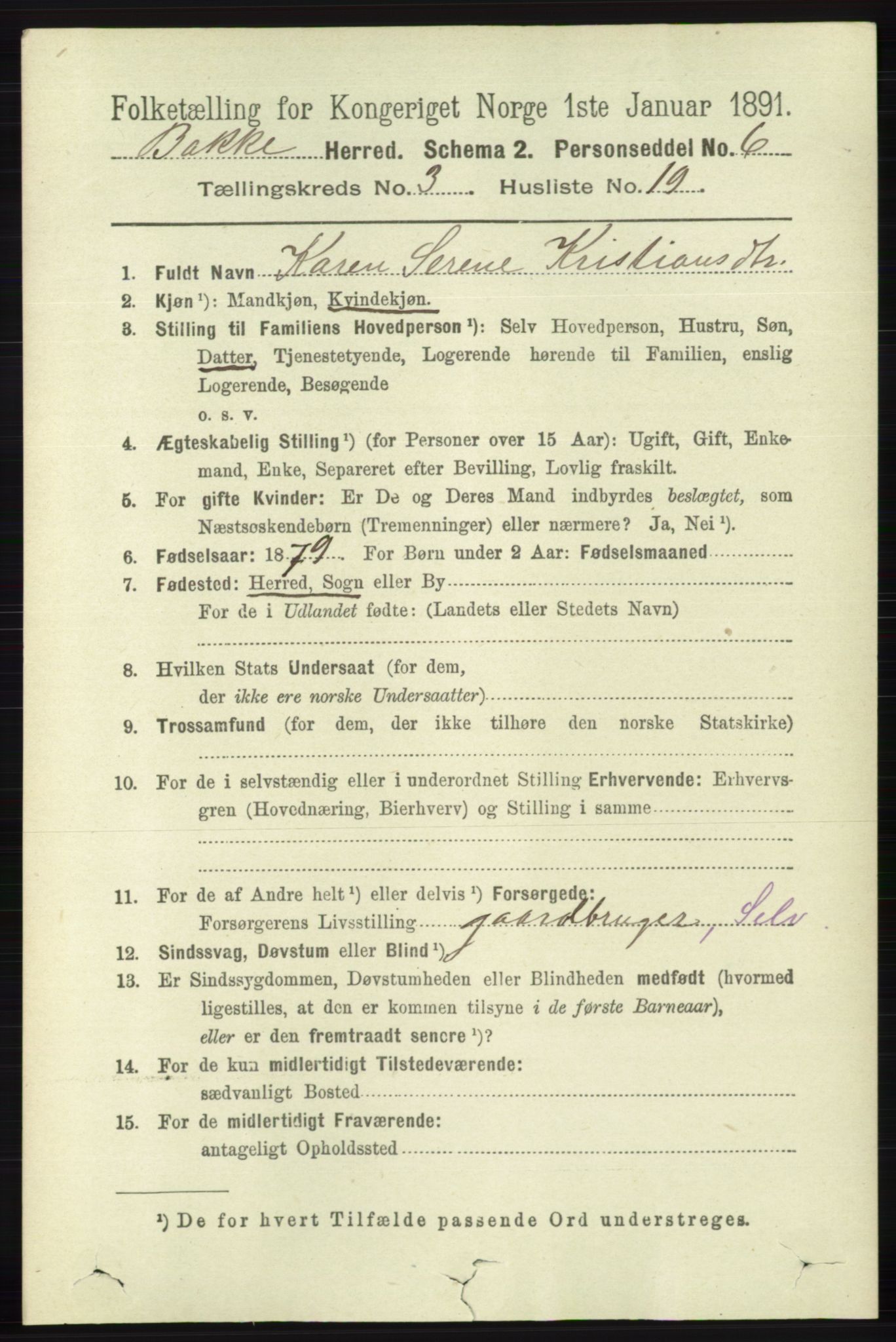 RA, 1891 census for 1045 Bakke, 1891, p. 534