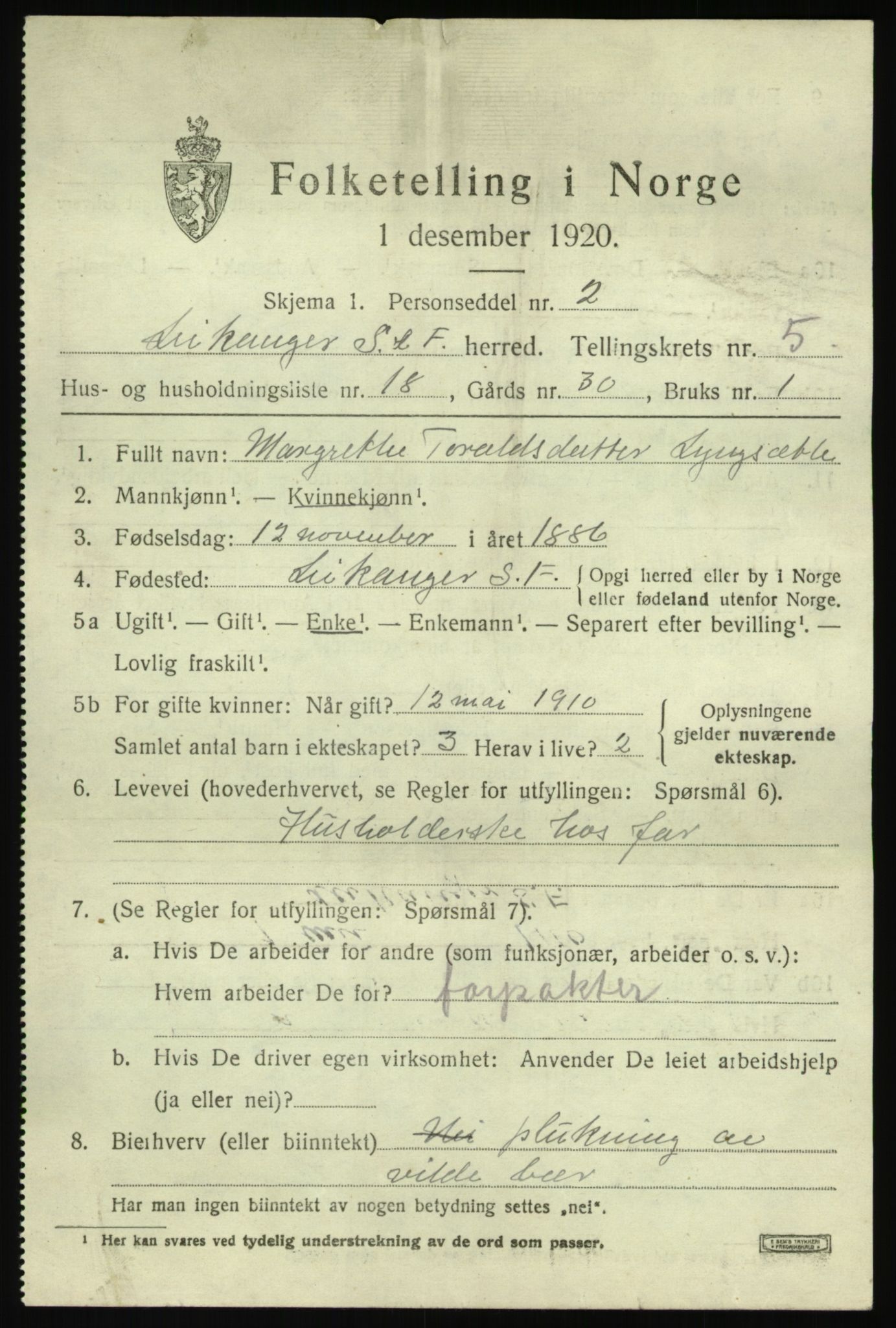 SAB, 1920 census for Leikanger, 1920, p. 3808