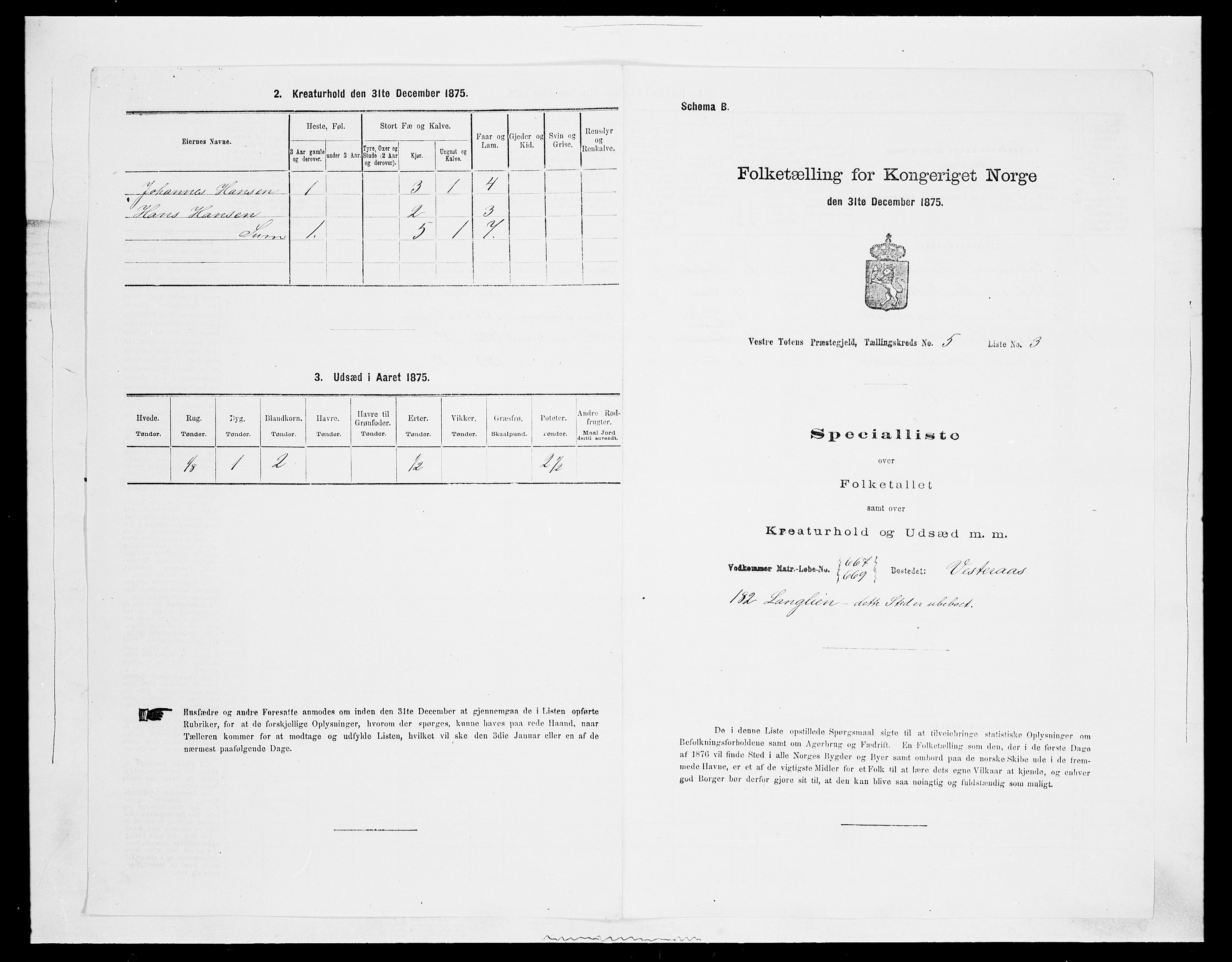 SAH, 1875 census for 0529P Vestre Toten, 1875, p. 911