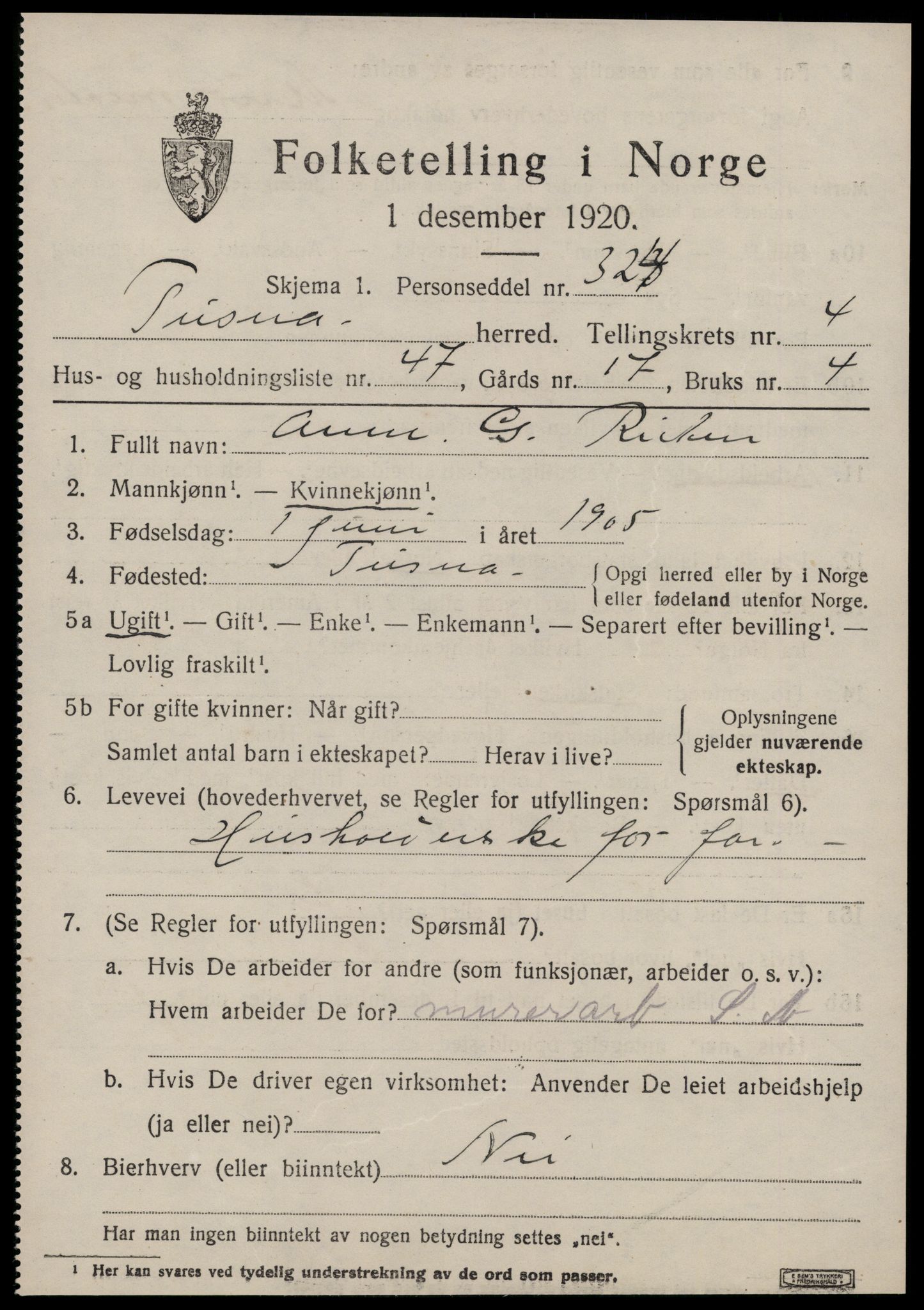 SAT, 1920 census for Tustna, 1920, p. 2369