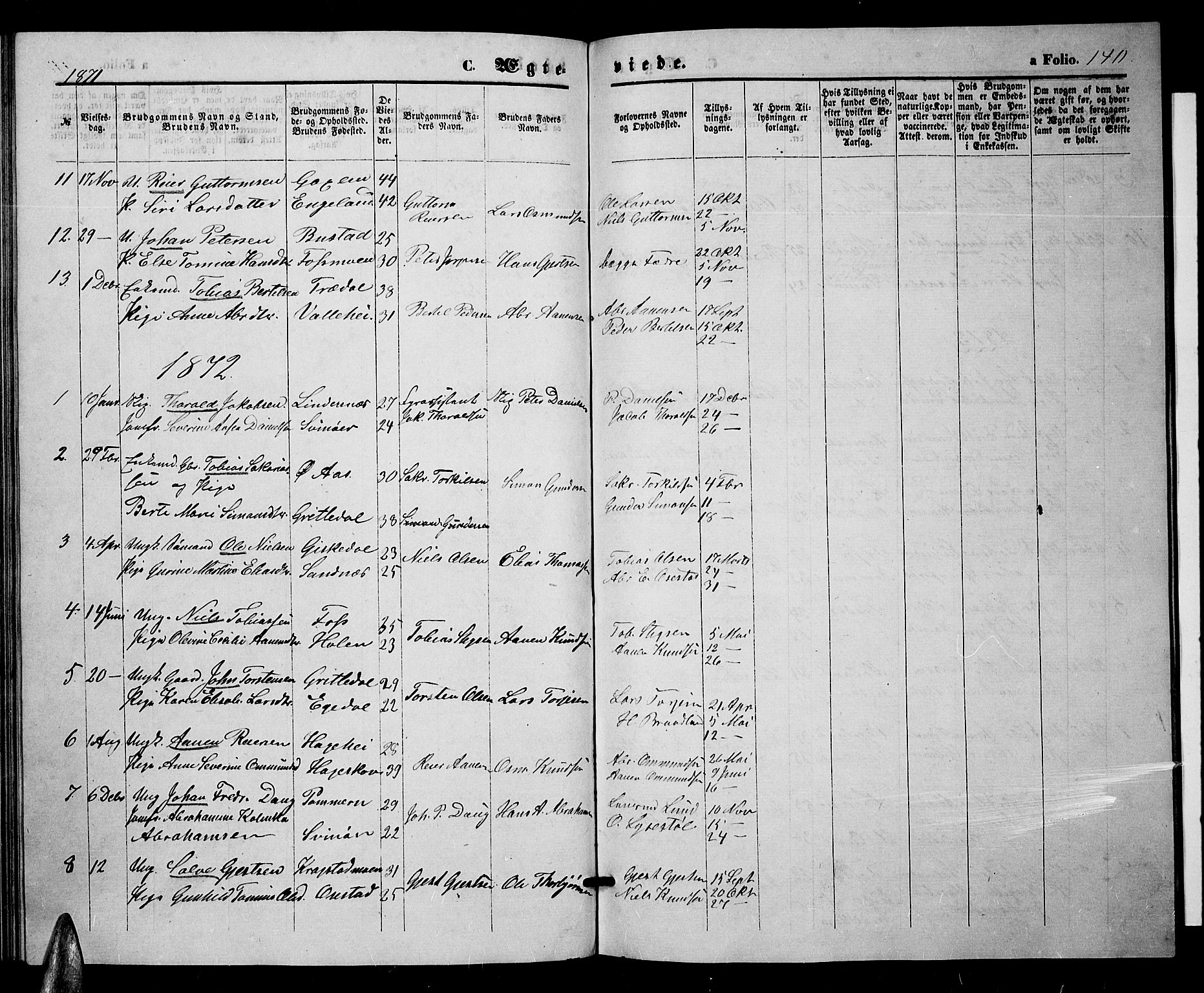 Sør-Audnedal sokneprestkontor, AV/SAK-1111-0039/F/Fb/Fbb/L0004: Parish register (copy) no. B 4, 1868-1879, p. 140