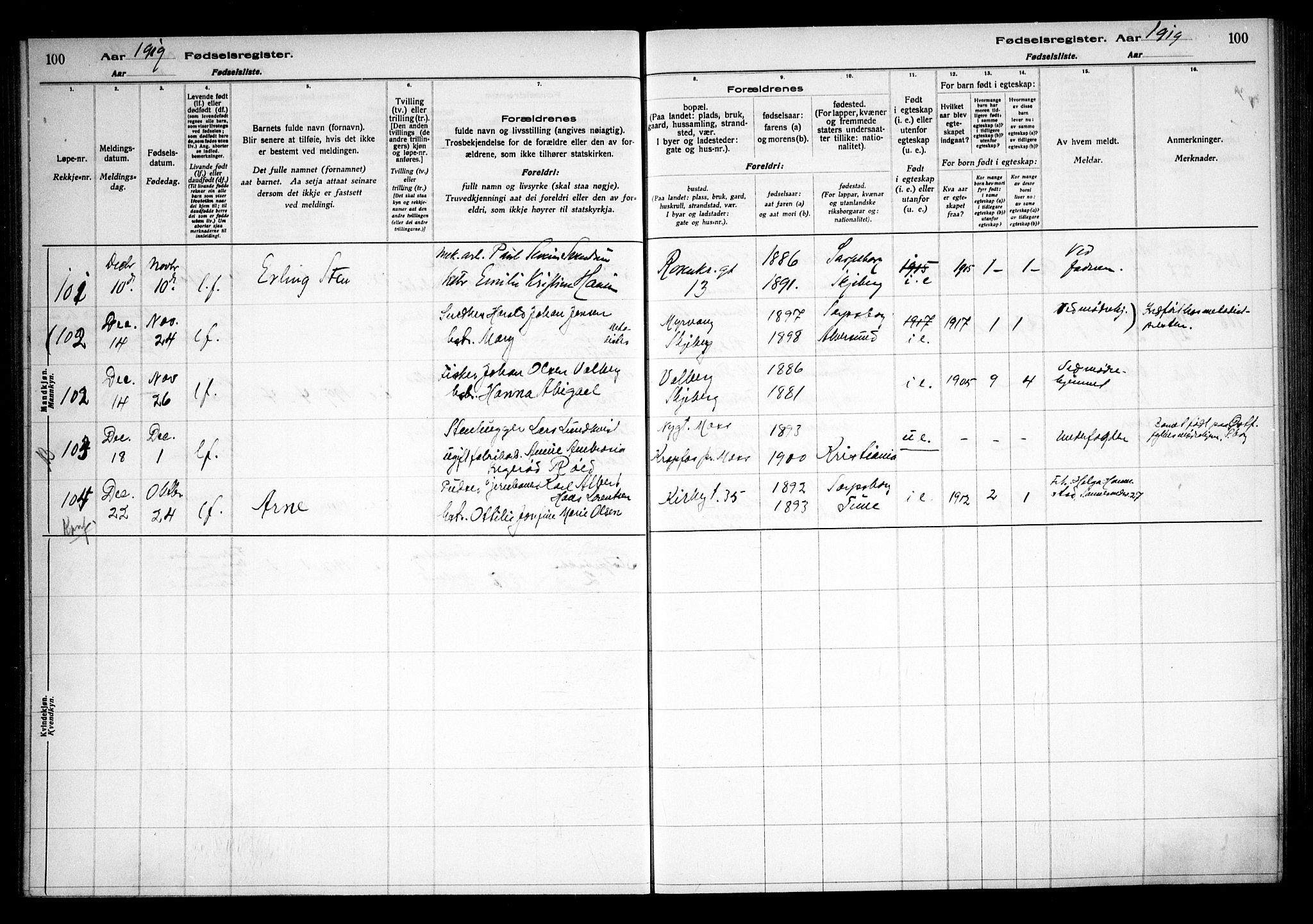 Sarpsborg prestekontor Kirkebøker, SAO/A-2006/J/Ja/L0001: Birth register no. 1, 1916-1922, p. 100