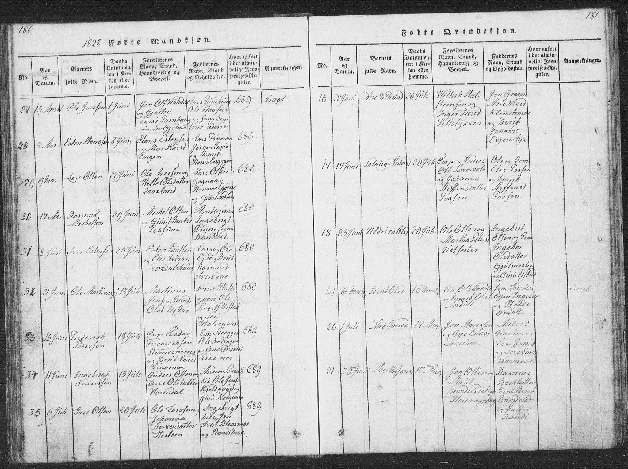 Ministerialprotokoller, klokkerbøker og fødselsregistre - Sør-Trøndelag, AV/SAT-A-1456/668/L0816: Parish register (copy) no. 668C05, 1816-1893, p. 180-181
