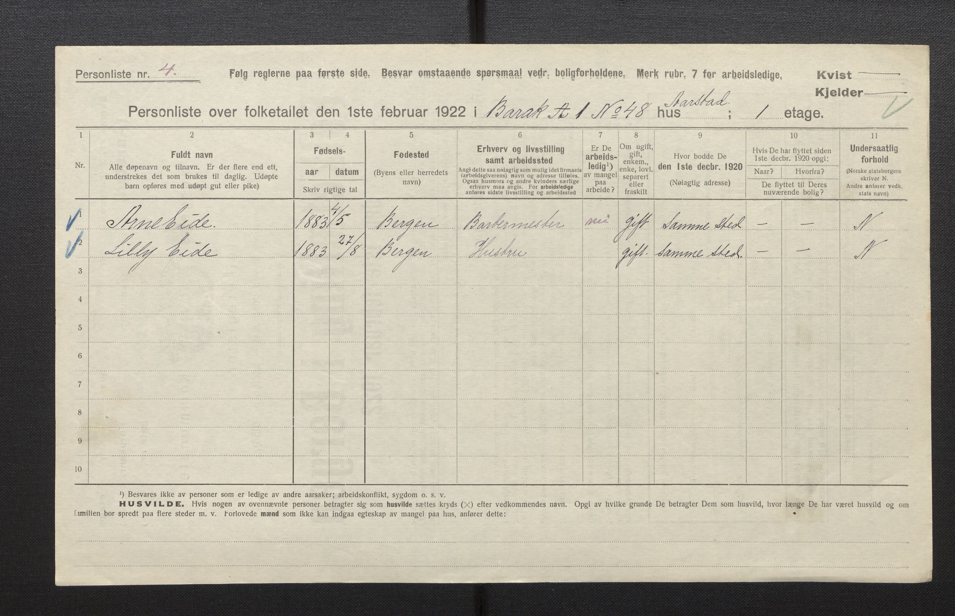 SAB, Municipal Census 1922 for Bergen, 1922, p. 50506