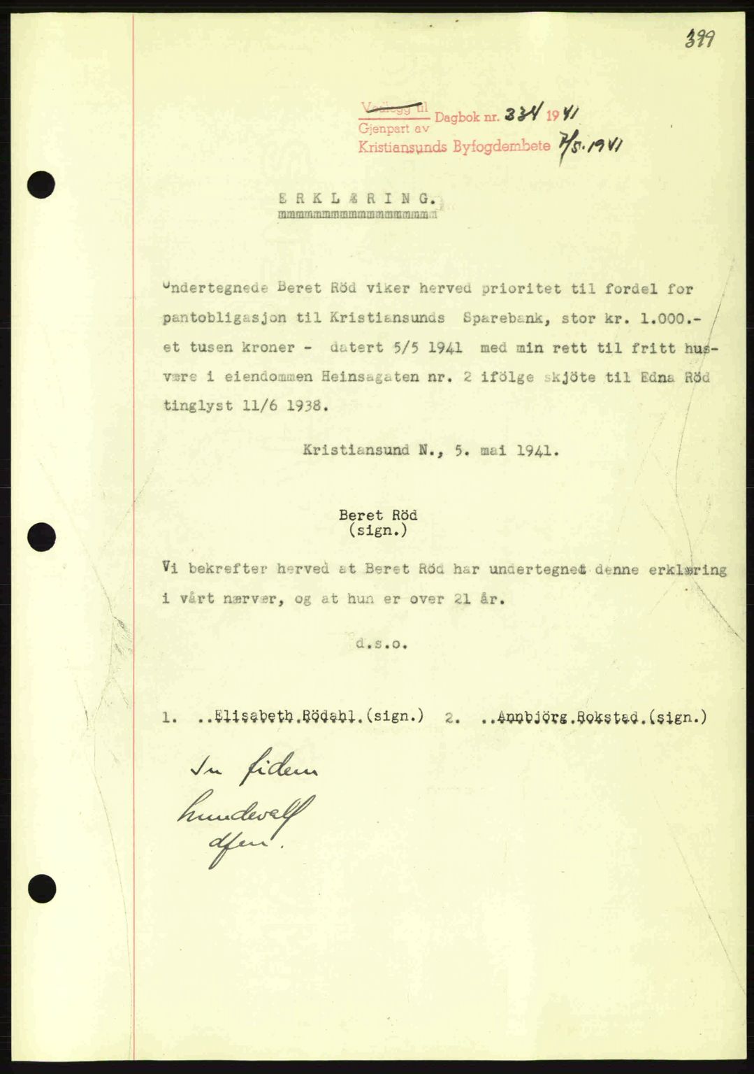 Kristiansund byfogd, SAT/A-4587/A/27: Mortgage book no. 33, 1939-1941, Diary no: : 334/1941