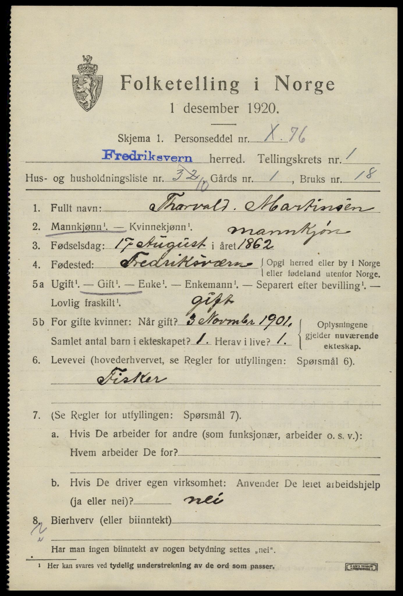SAKO, 1920 census for Fredriksvern, 1920, p. 601