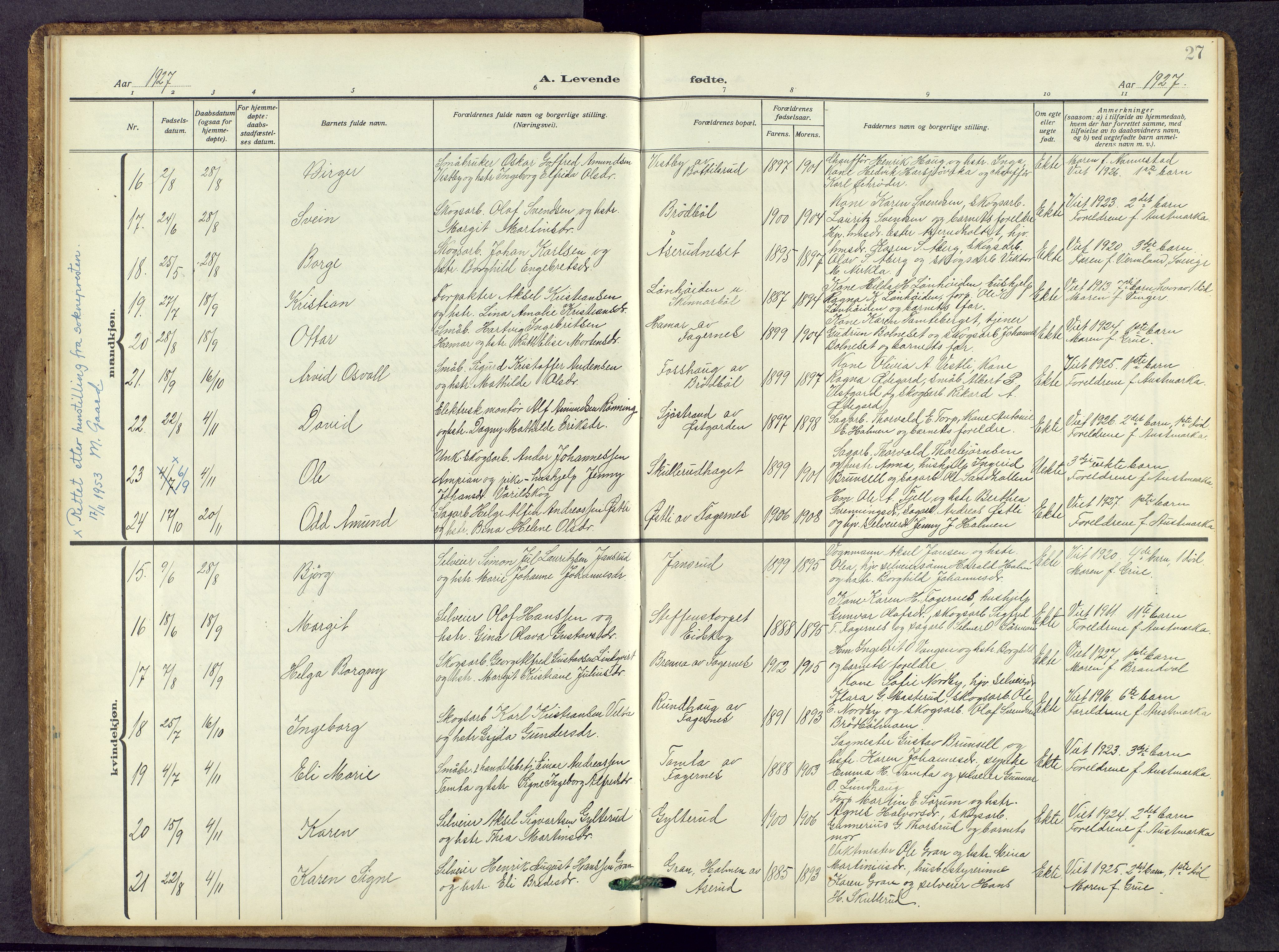 Vinger prestekontor, AV/SAH-PREST-024/H/Ha/Hab/L0006: Parish register (copy) no. 6, 1921-1973, p. 27