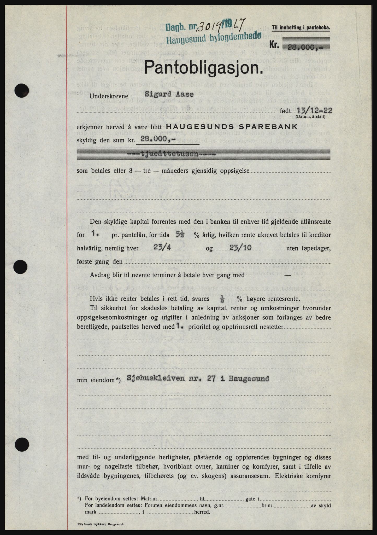 Haugesund tingrett, SAST/A-101415/01/II/IIC/L0058: Mortgage book no. B 58, 1967-1968, Diary no: : 3019/1967