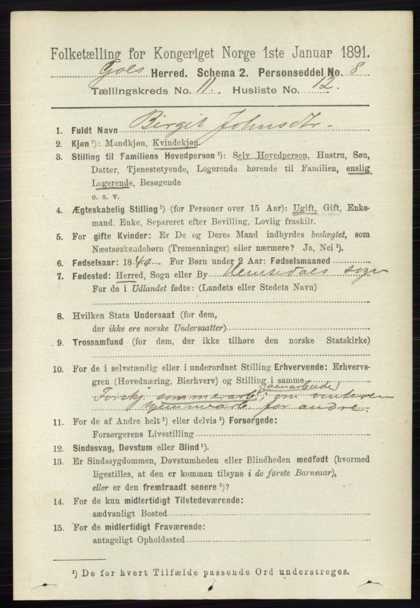 RA, 1891 census for 0617 Gol og Hemsedal, 1891, p. 4428