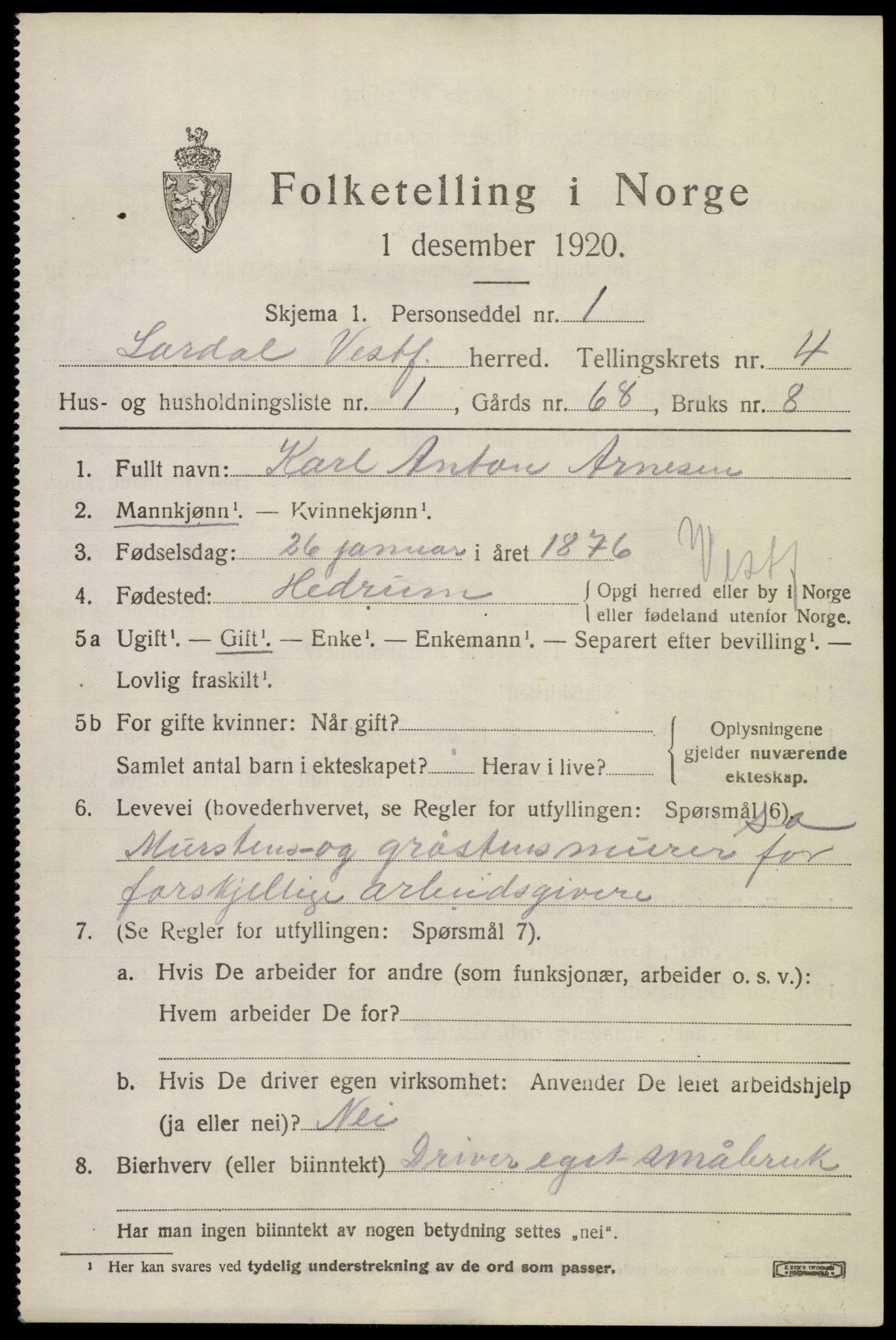 SAKO, 1920 census for Lardal, 1920, p. 3531