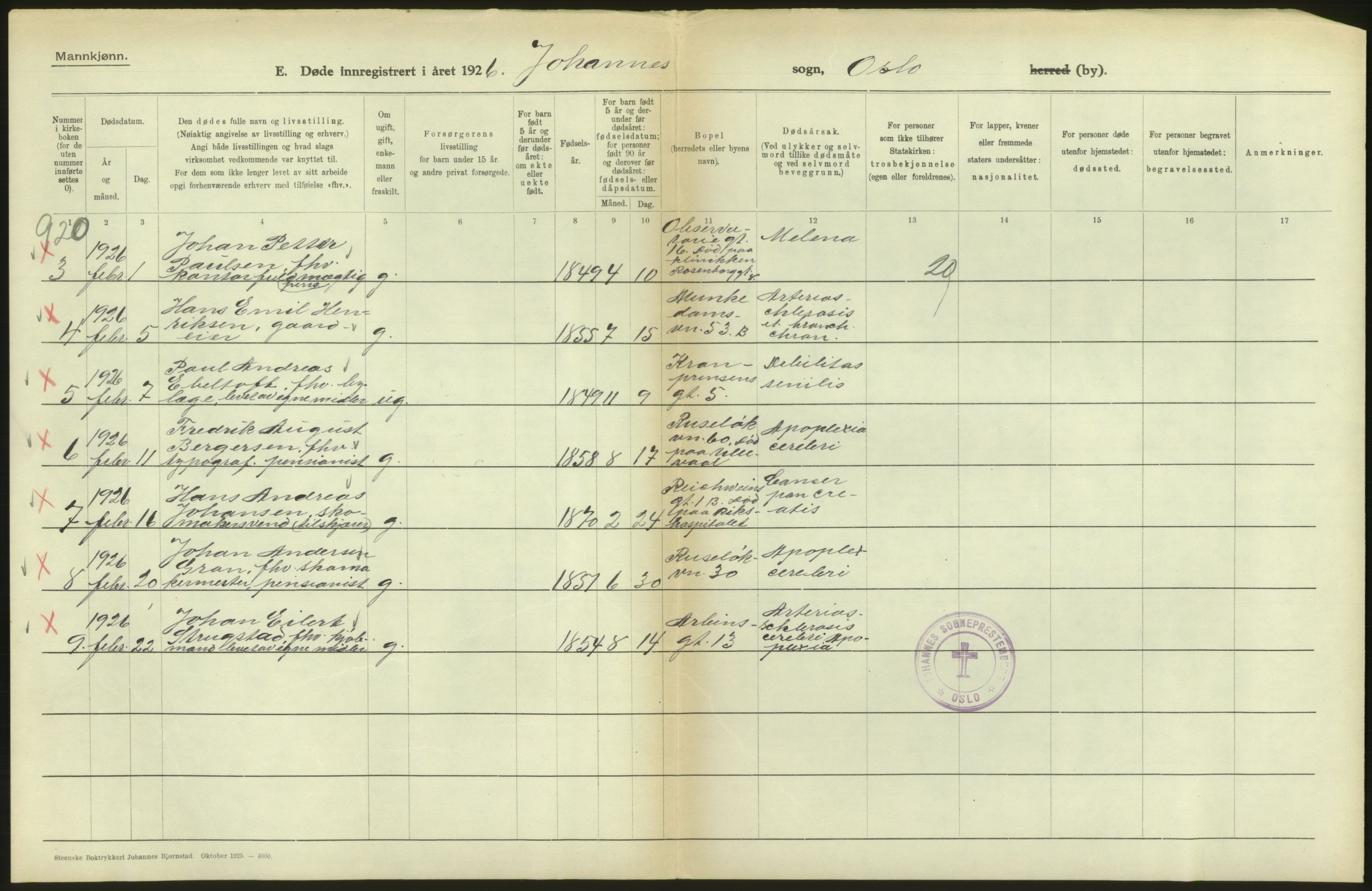 Statistisk sentralbyrå, Sosiodemografiske emner, Befolkning, AV/RA-S-2228/D/Df/Dfc/Dfcf/L0009: Oslo: Døde menn, 1926, p. 114