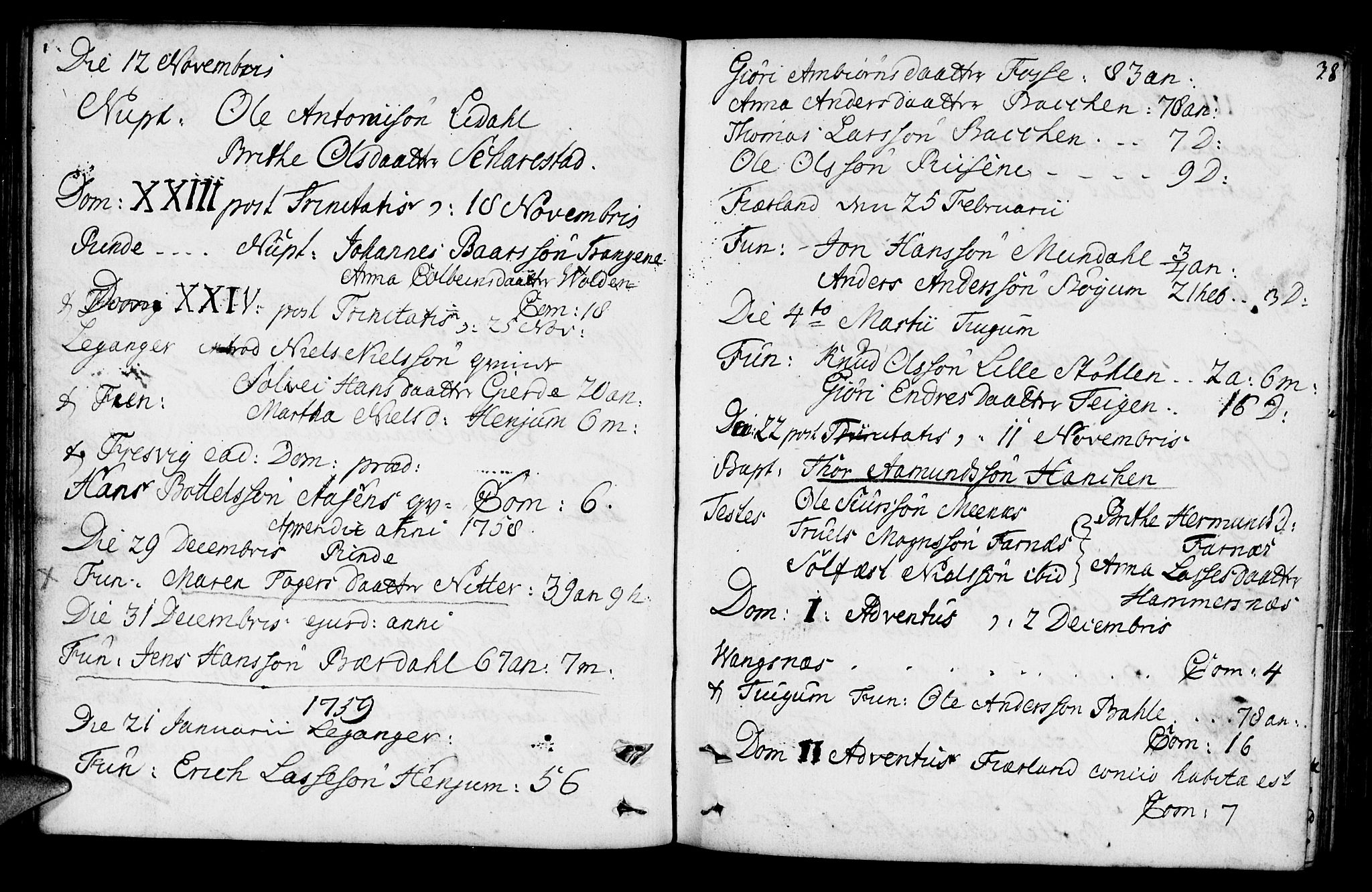 Leikanger sokneprestembete, AV/SAB-A-81001/H/Haa/Haaa/L0003: Parish register (official) no. A 3, 1756-1770, p. 38