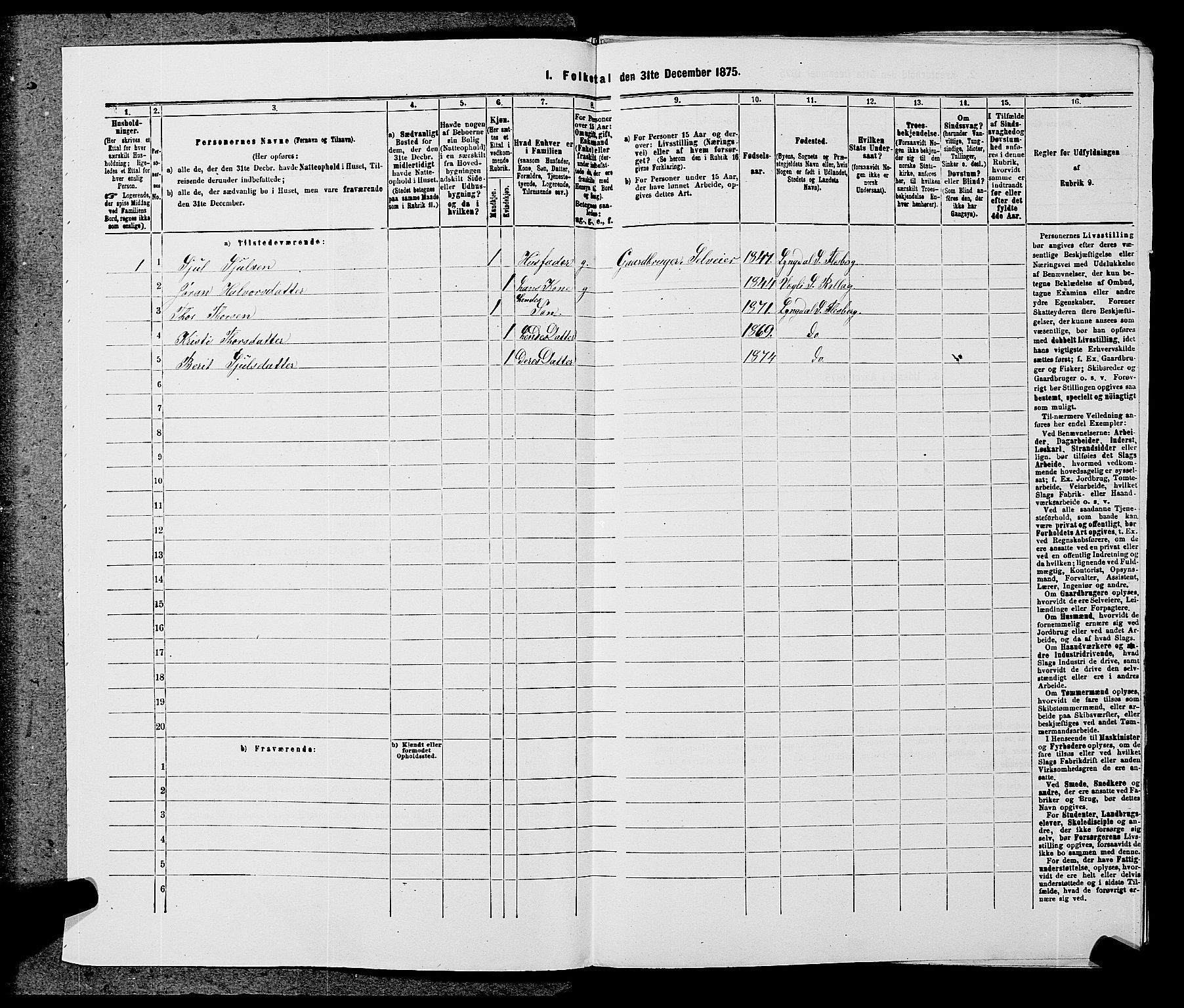 SAKO, 1875 census for 0631P Flesberg, 1875, p. 482