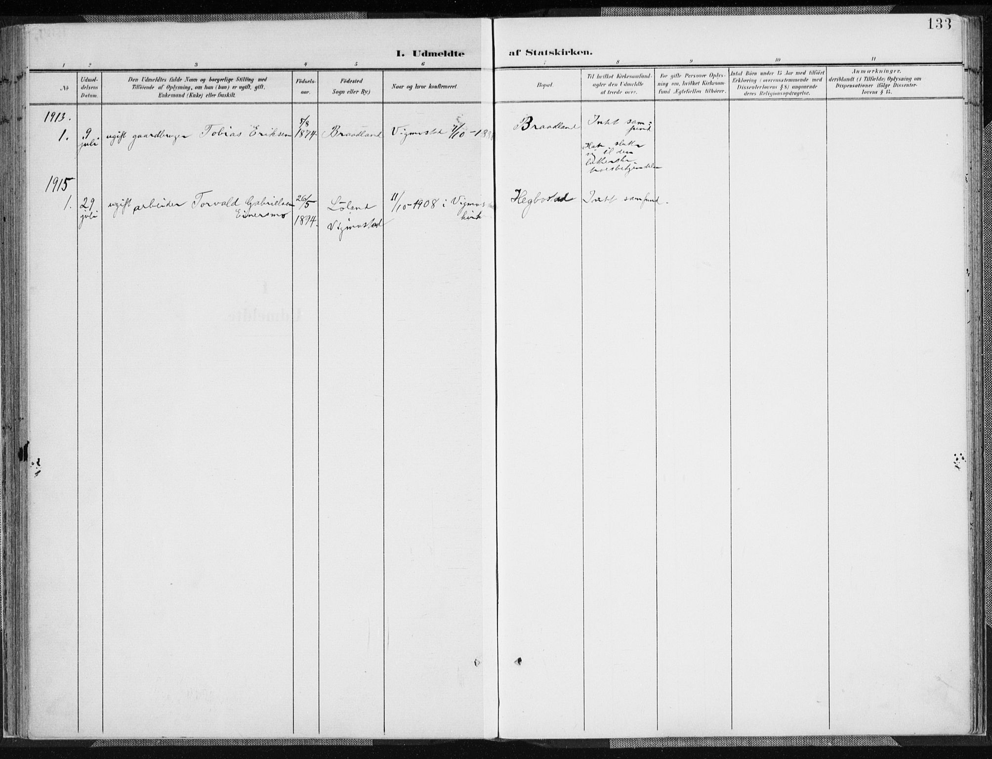 Nord-Audnedal sokneprestkontor, AV/SAK-1111-0032/F/Fa/Fab/L0004: Parish register (official) no. A 4, 1901-1917, p. 133