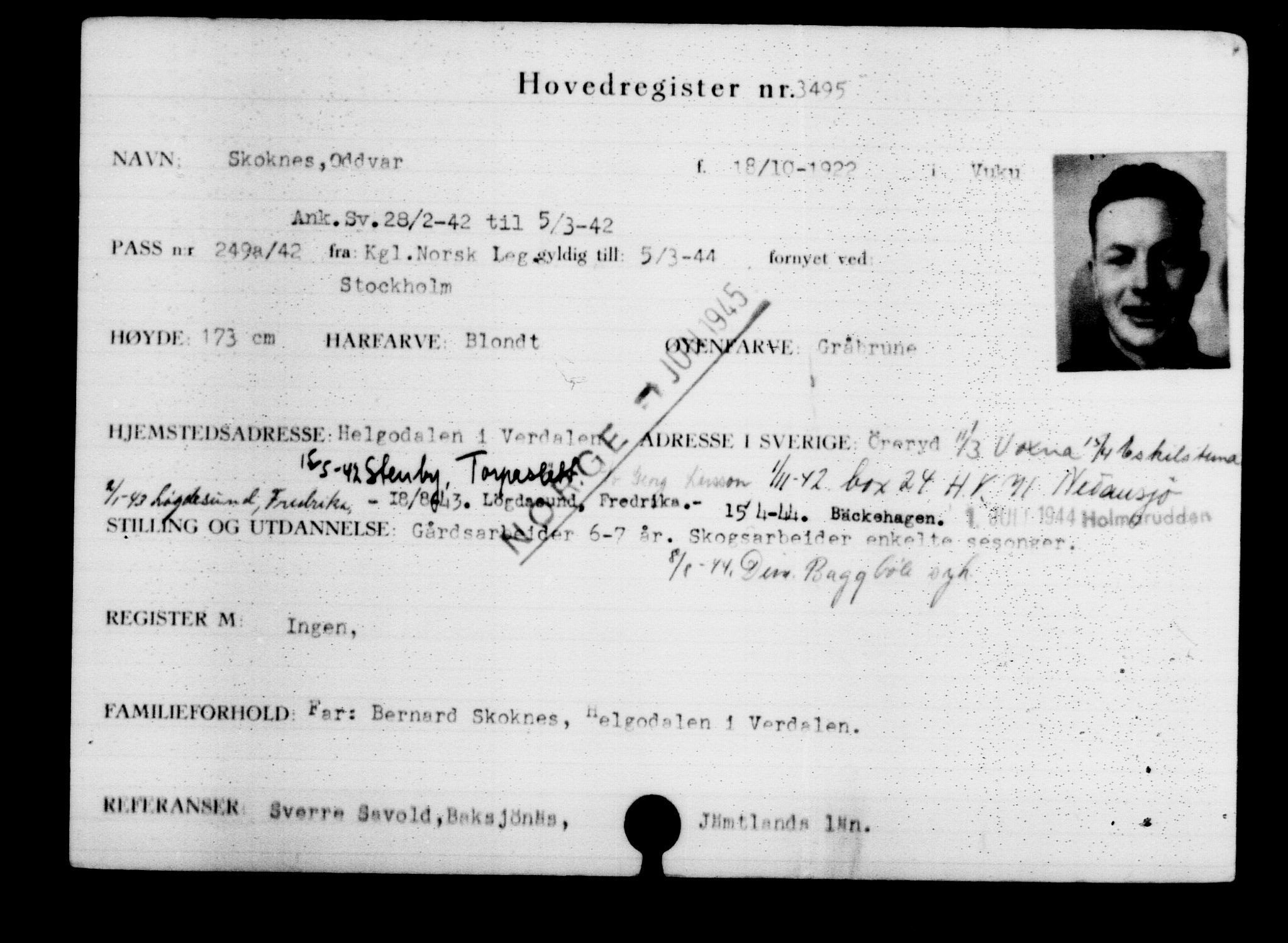 Utenriksstasjonene, Legasjonen i Stockholm, Flyktningkontoret, AV/RA-S-6753/V/Va/L0003: Kjesäterkartoteket, flyktninger med registreringsnr. 2001-3495, 1940-1945, p. 2011