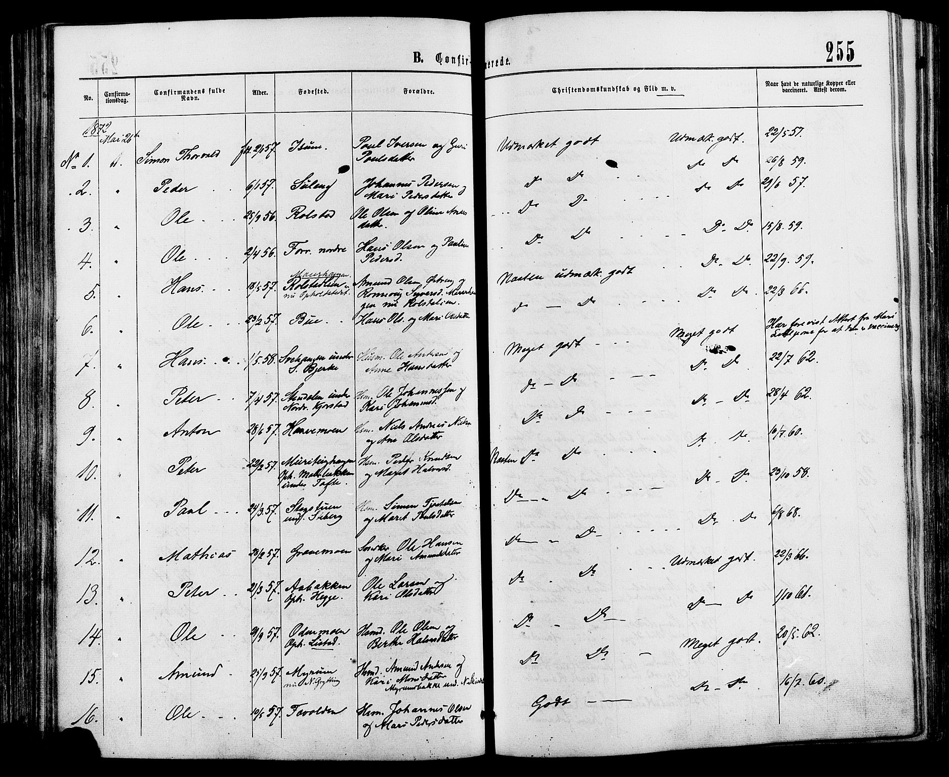 Sør-Fron prestekontor, SAH/PREST-010/H/Ha/Haa/L0002: Parish register (official) no. 2, 1864-1880, p. 255