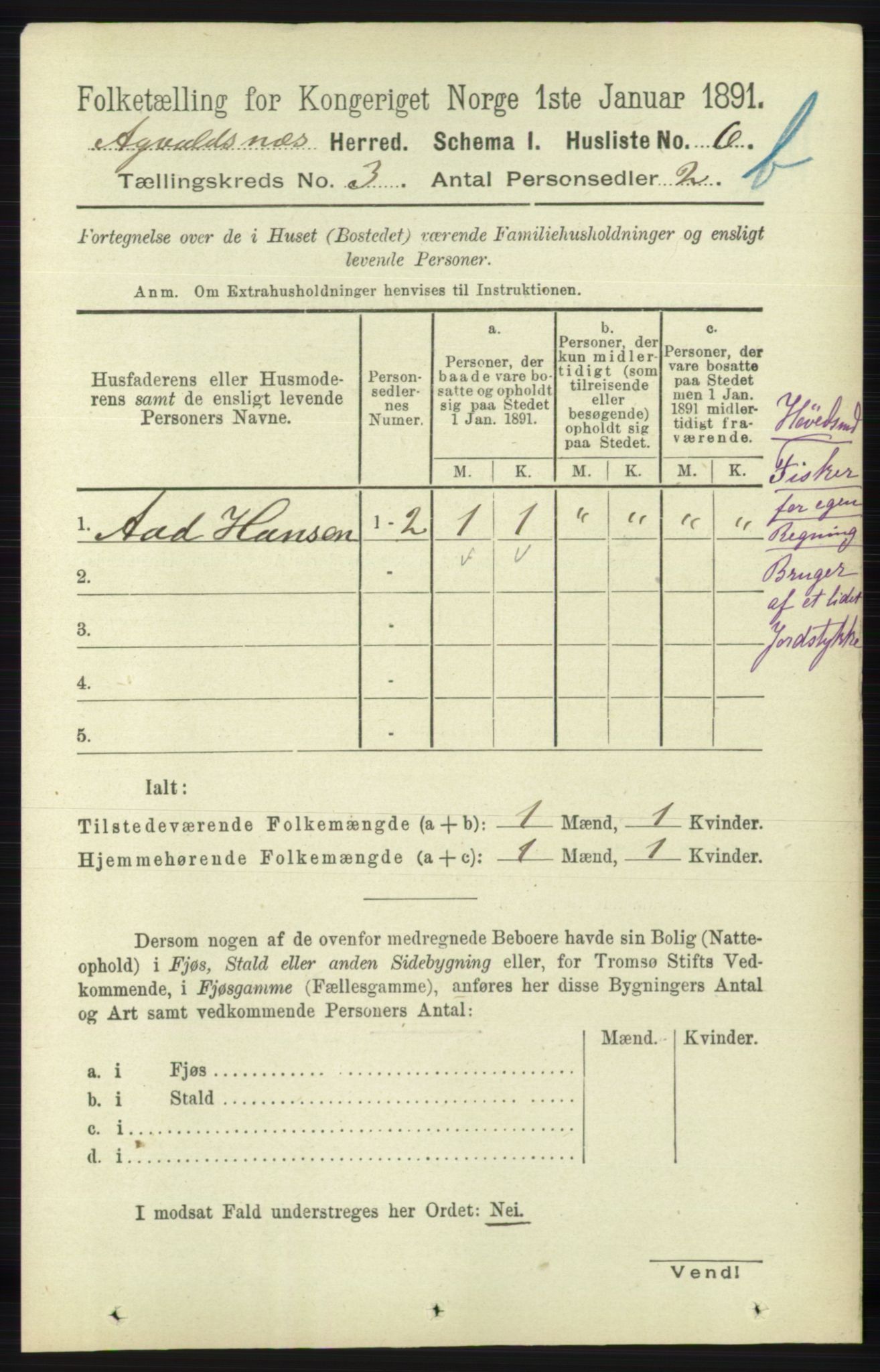 RA, 1891 census for 1147 Avaldsnes, 1891, p. 2504