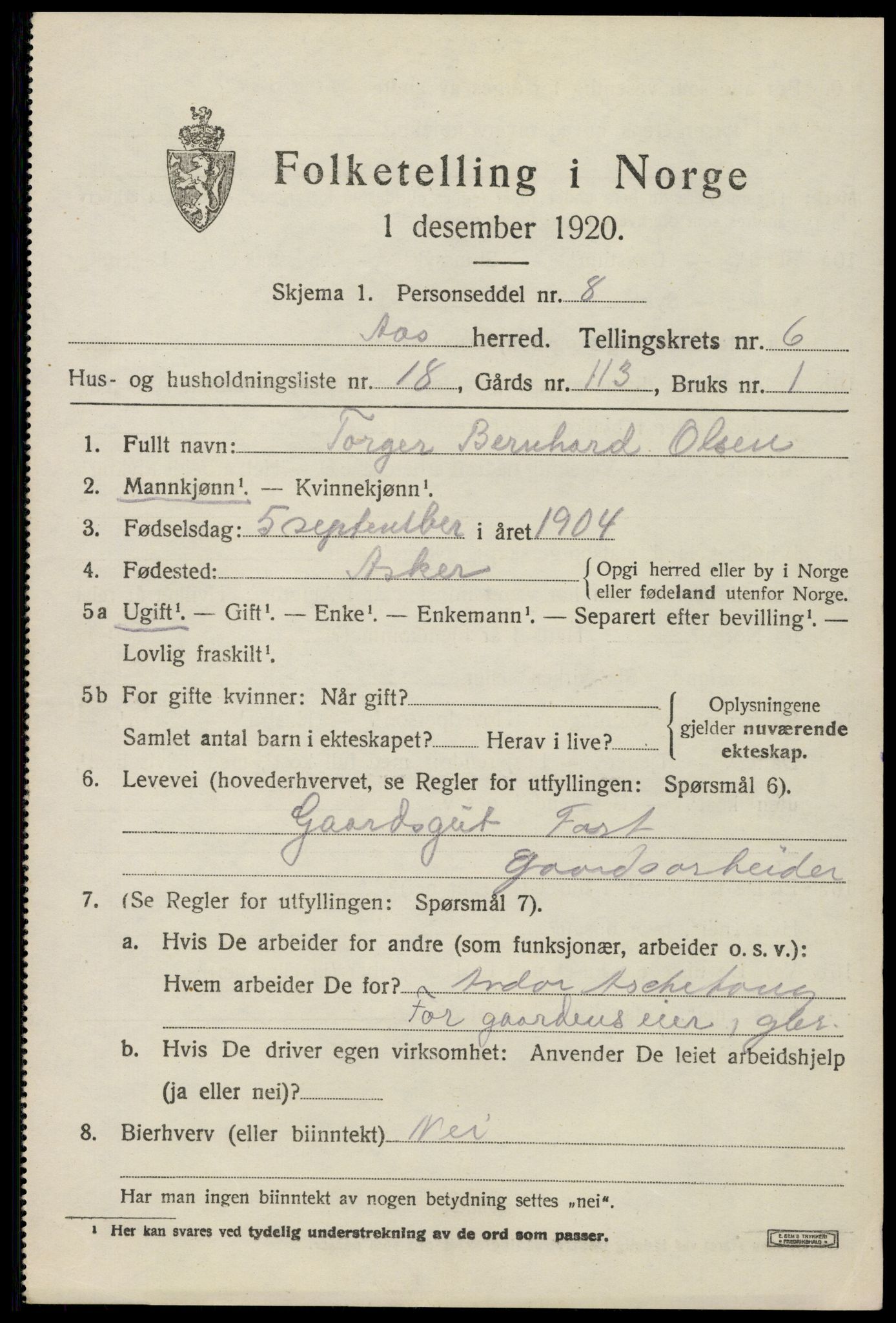 SAO, 1920 census for Ås, 1920, p. 7040