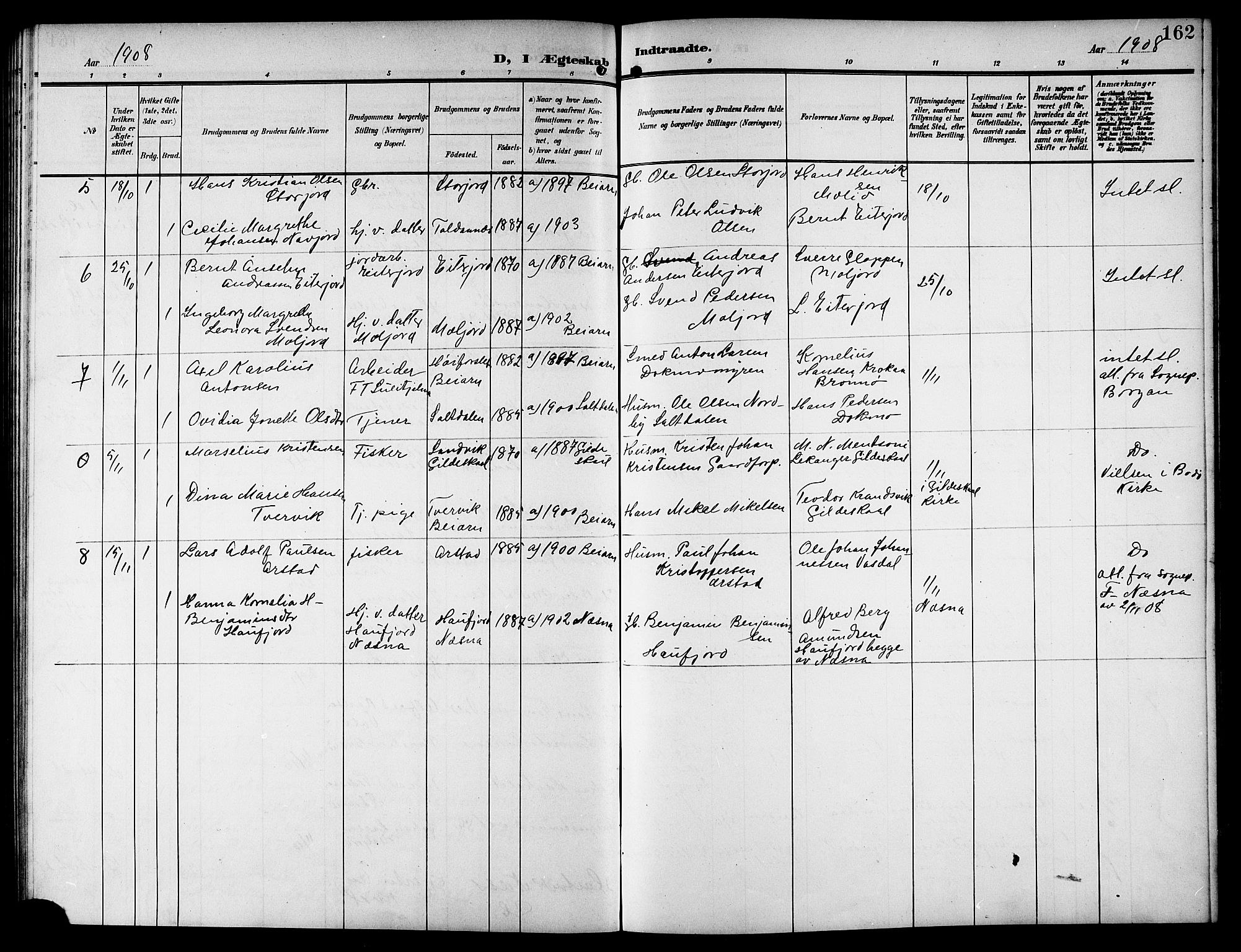 Ministerialprotokoller, klokkerbøker og fødselsregistre - Nordland, AV/SAT-A-1459/846/L0655: Parish register (copy) no. 846C05, 1902-1916, p. 162