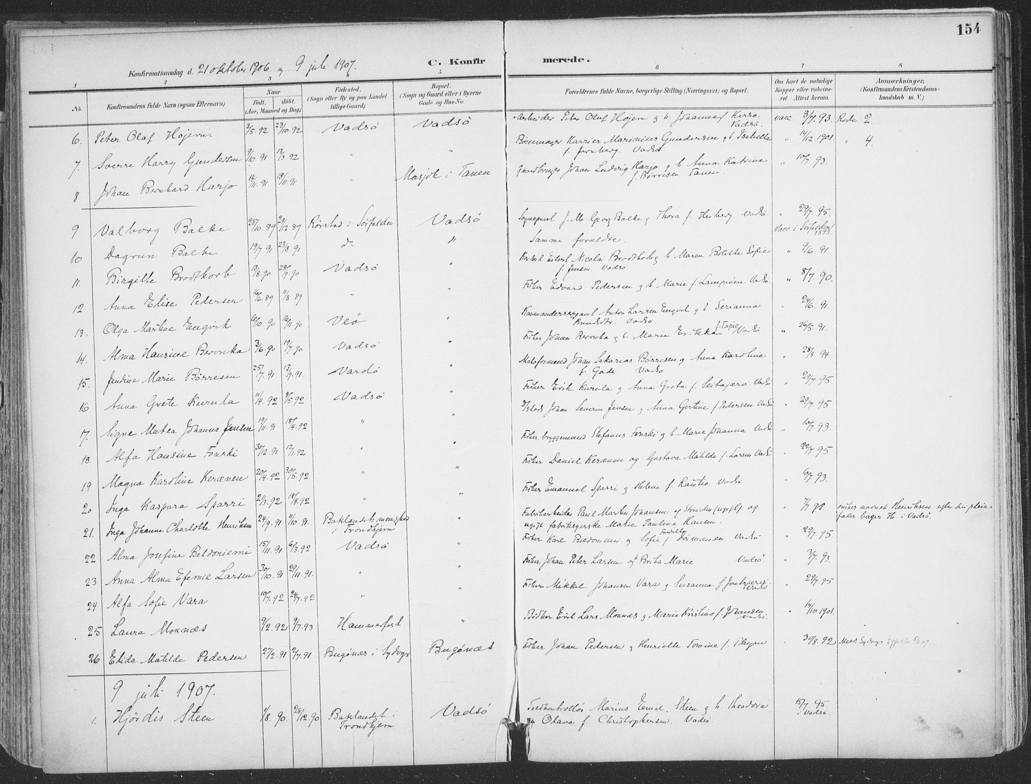 Vadsø sokneprestkontor, SATØ/S-1325/H/Ha/L0007kirke: Parish register (official) no. 7, 1896-1916, p. 154