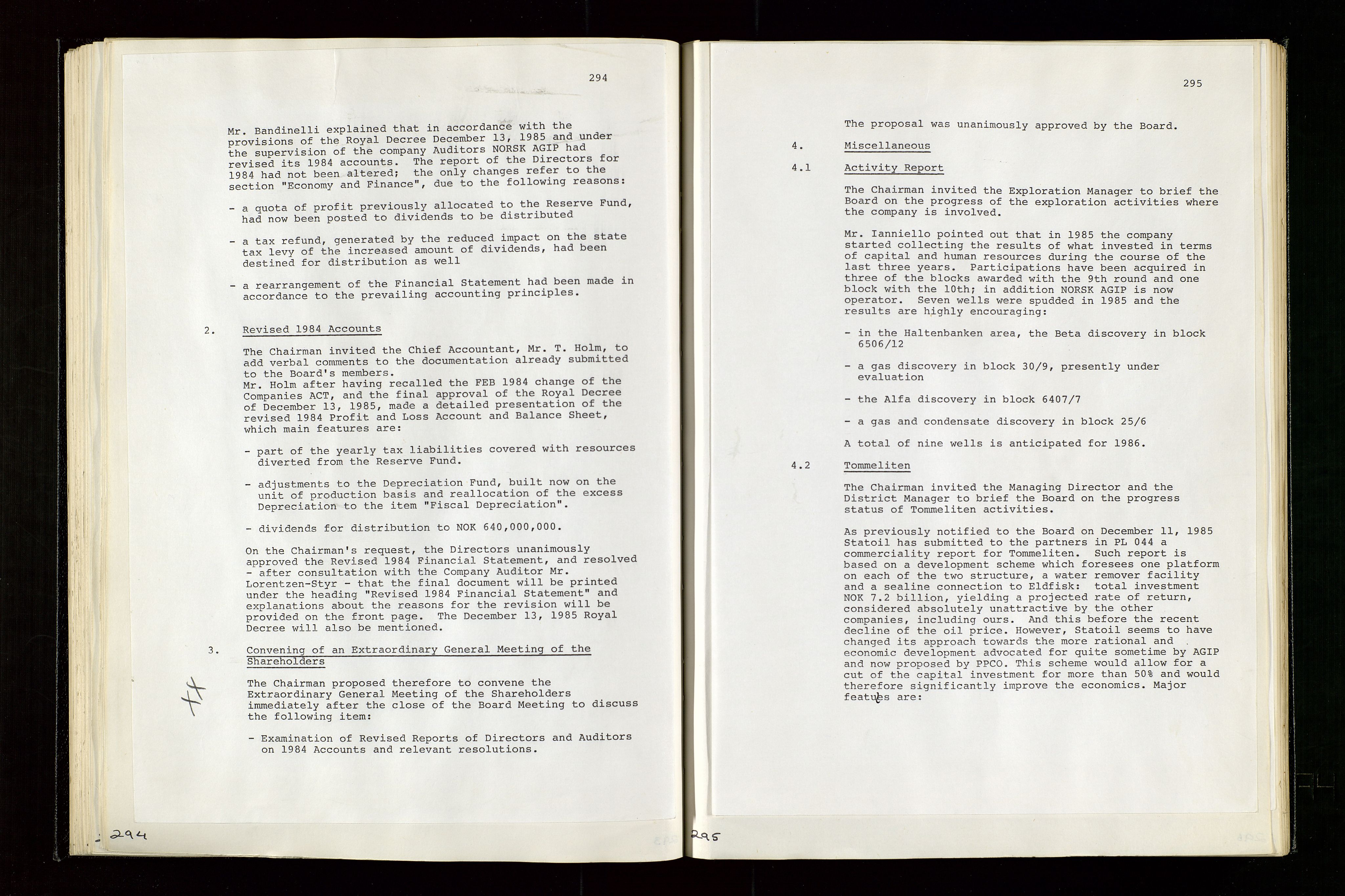 Pa 1583 - Norsk Agip AS, AV/SAST-A-102138/A/Aa/L0003: Board of Directors meeting minutes, 1979-1983, p. 294-295