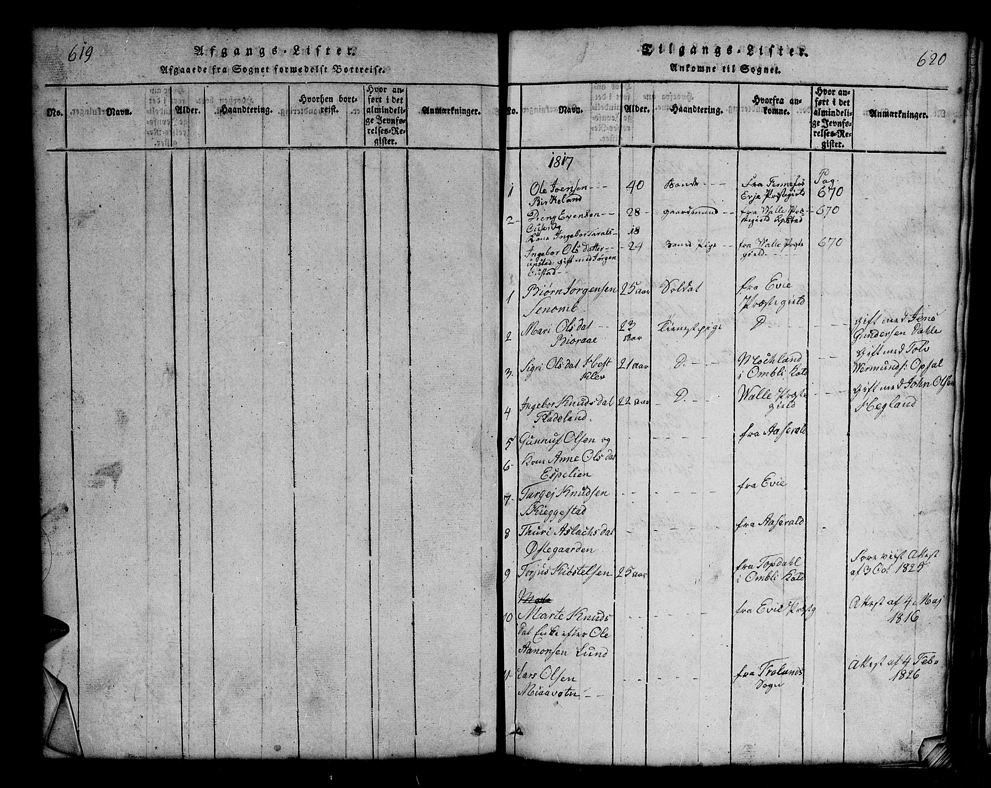 Bygland sokneprestkontor, SAK/1111-0006/F/Fb/Fbb/L0001: Parish register (copy) no. B 1, 1816-1843, p. 620-621