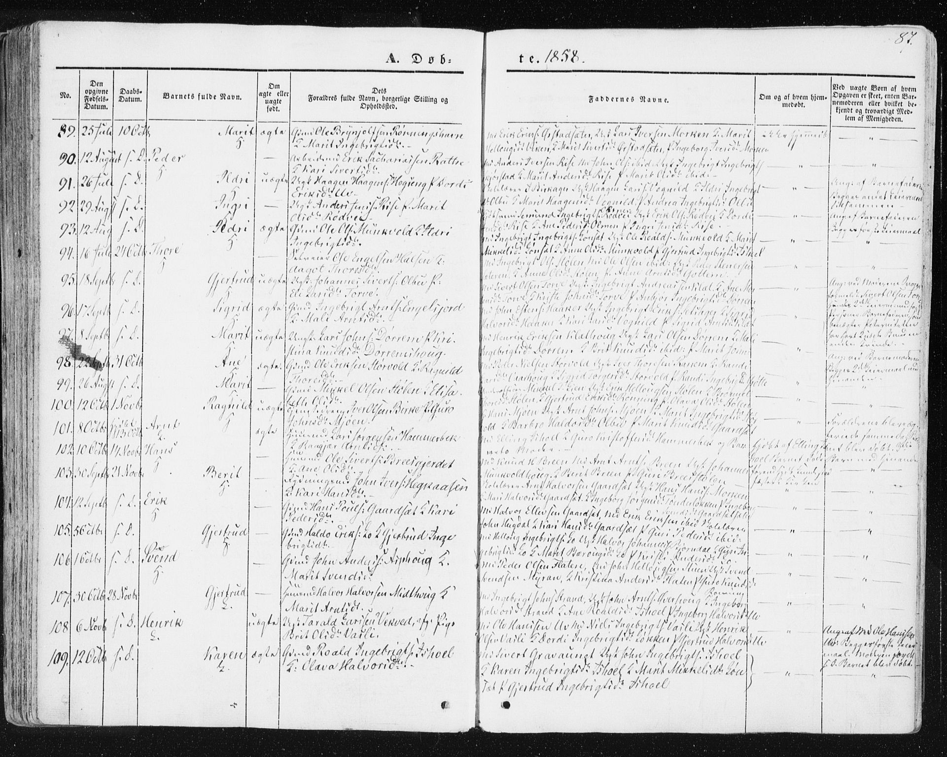 Ministerialprotokoller, klokkerbøker og fødselsregistre - Sør-Trøndelag, SAT/A-1456/678/L0899: Parish register (official) no. 678A08, 1848-1872, p. 87