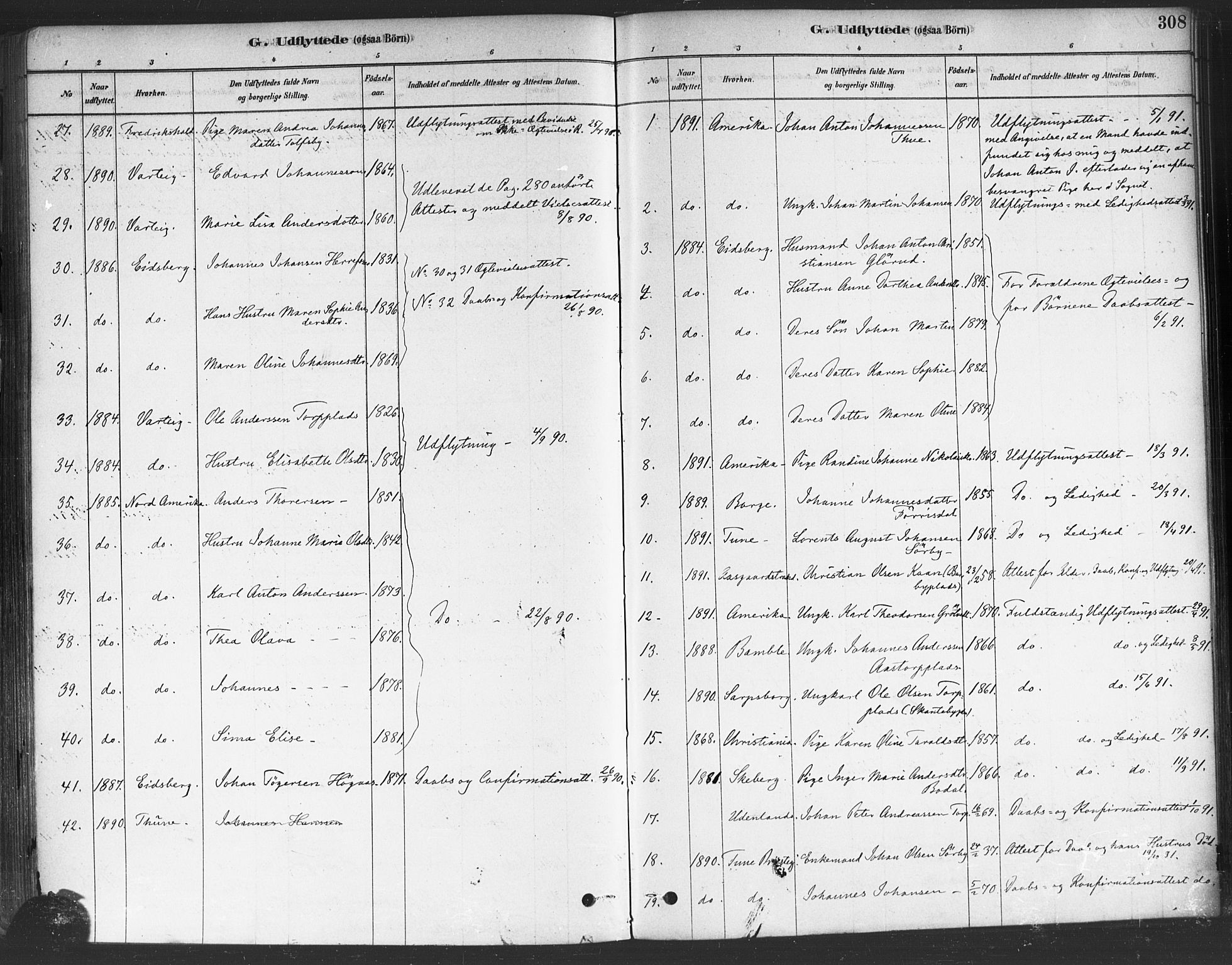 Rakkestad prestekontor Kirkebøker, AV/SAO-A-2008/F/Fa/L0012: Parish register (official) no. I 12, 1878-1893, p. 308