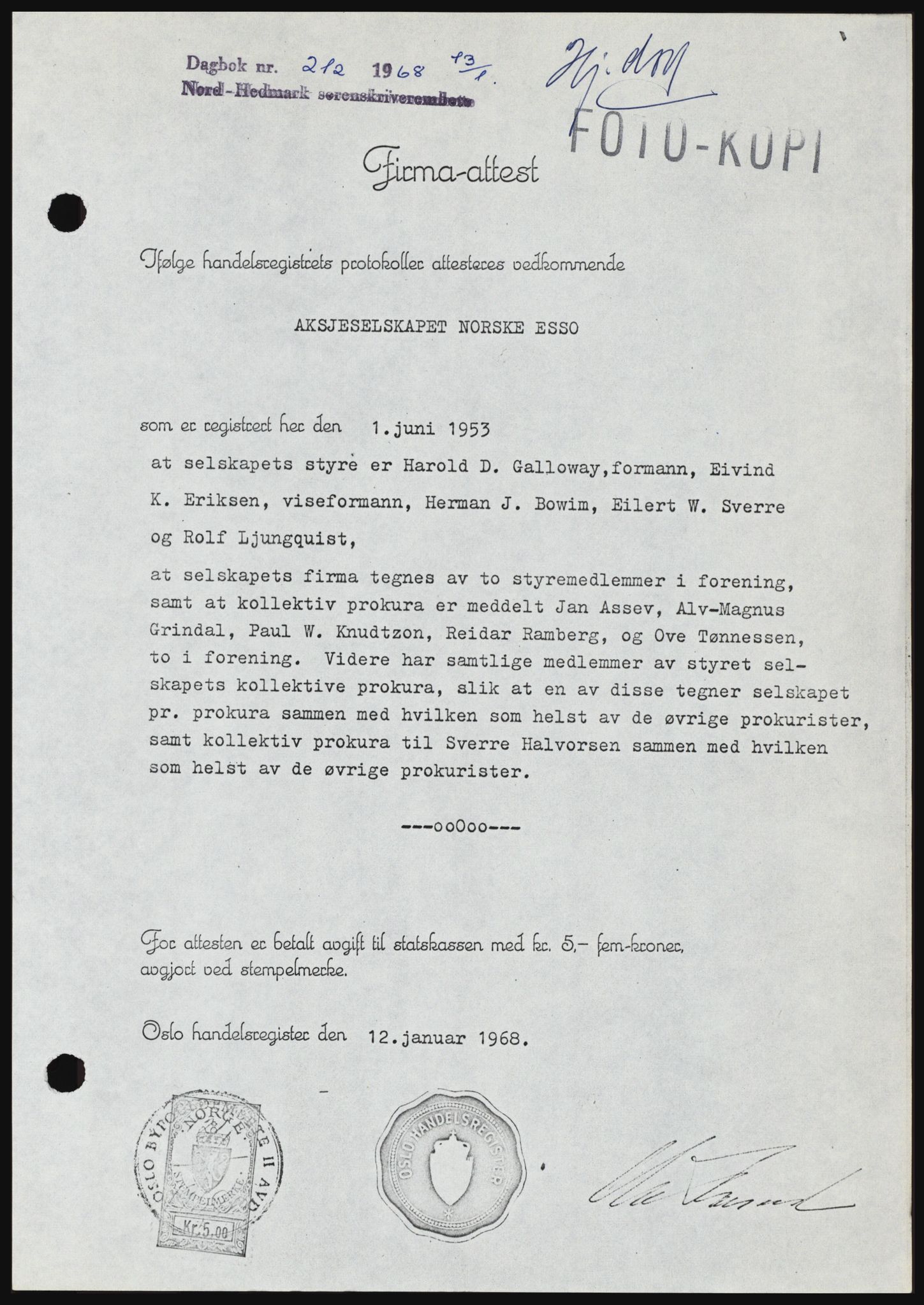 Nord-Hedmark sorenskriveri, SAH/TING-012/H/Hc/L0027: Mortgage book no. 27, 1967-1968, Diary no: : 212/1968
