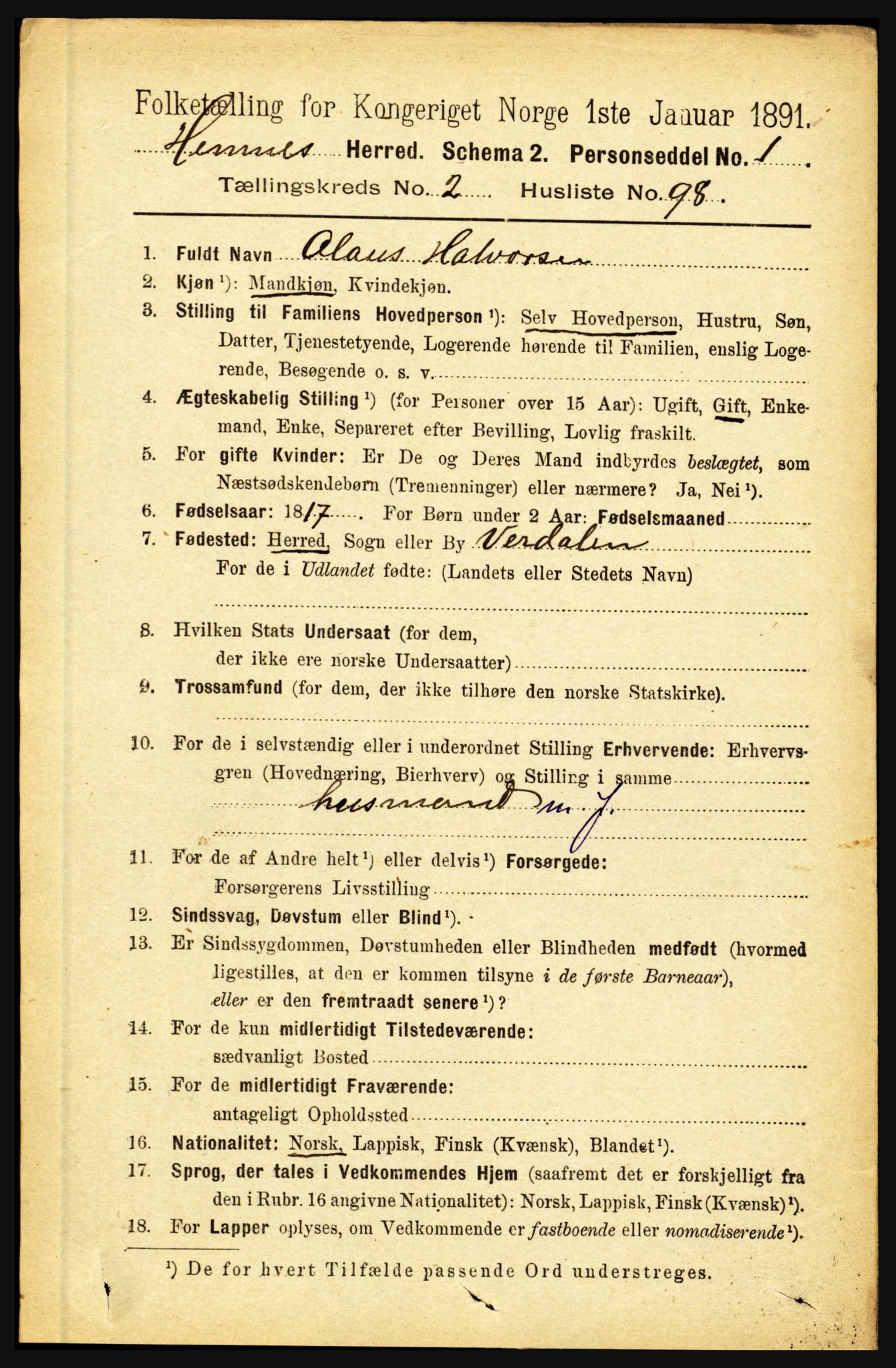 RA, 1891 census for 1832 Hemnes, 1891, p. 1877