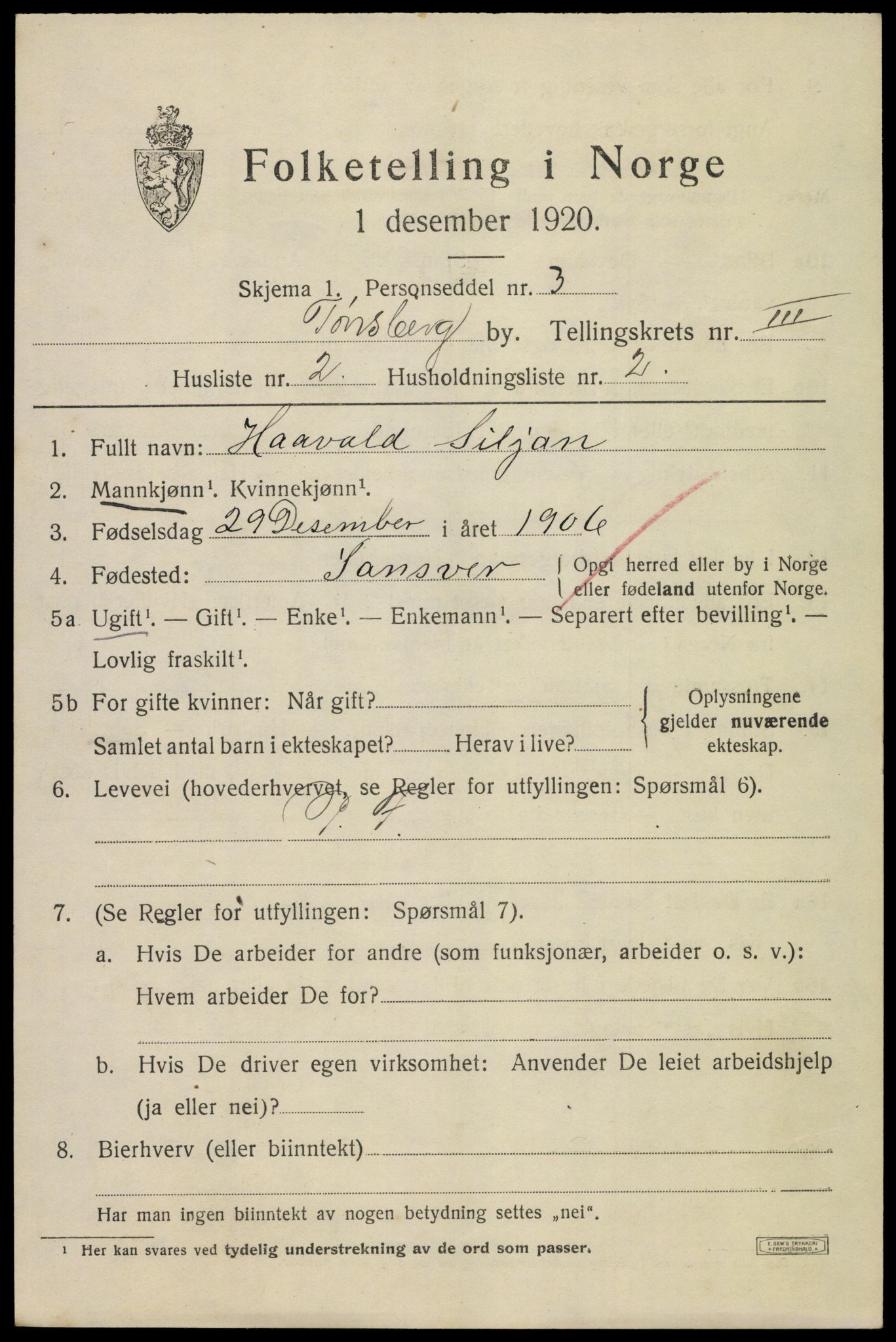 SAKO, 1920 census for Tønsberg, 1920, p. 10899