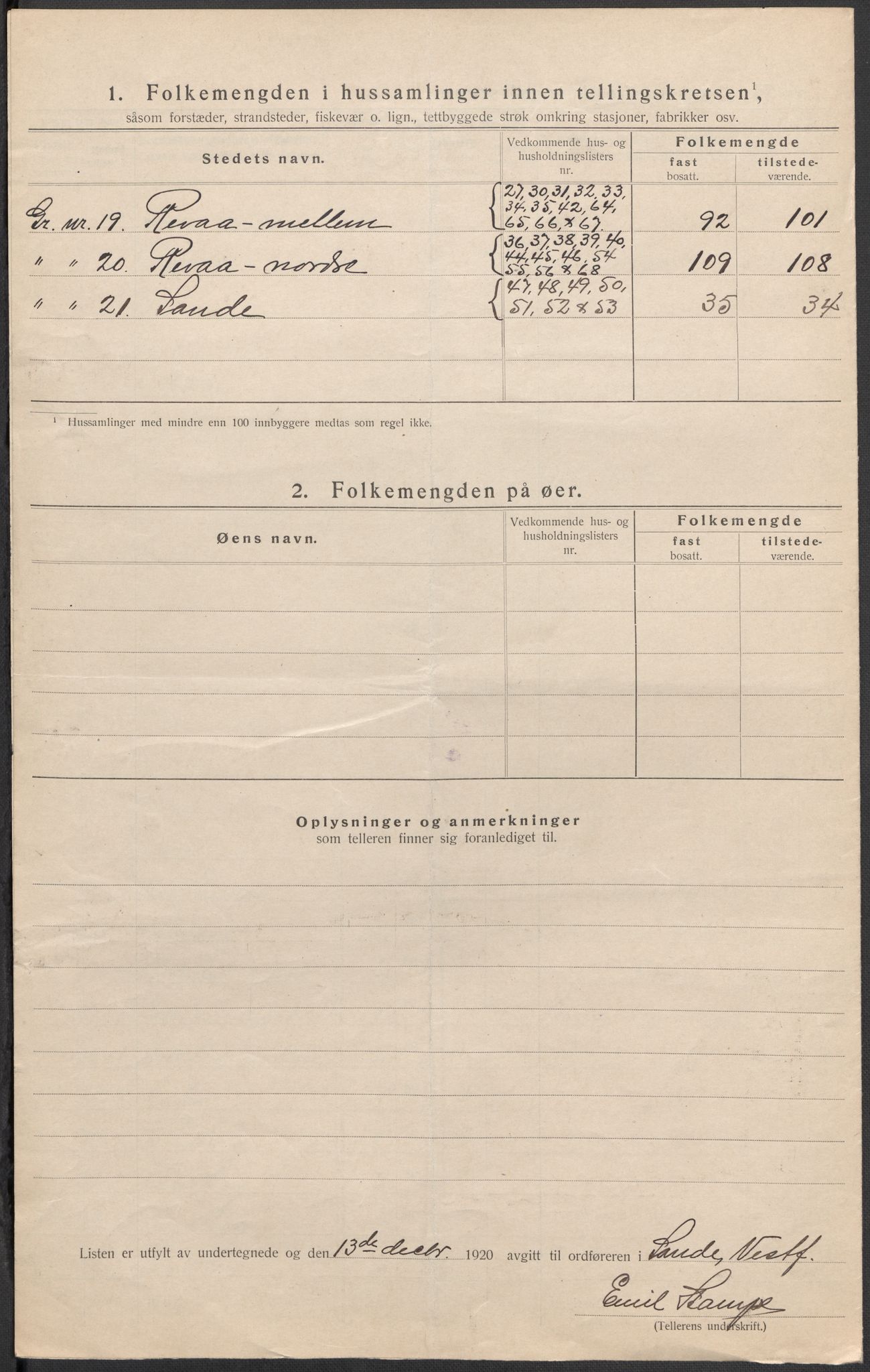 SAKO, 1920 census for Sande, 1920, p. 13