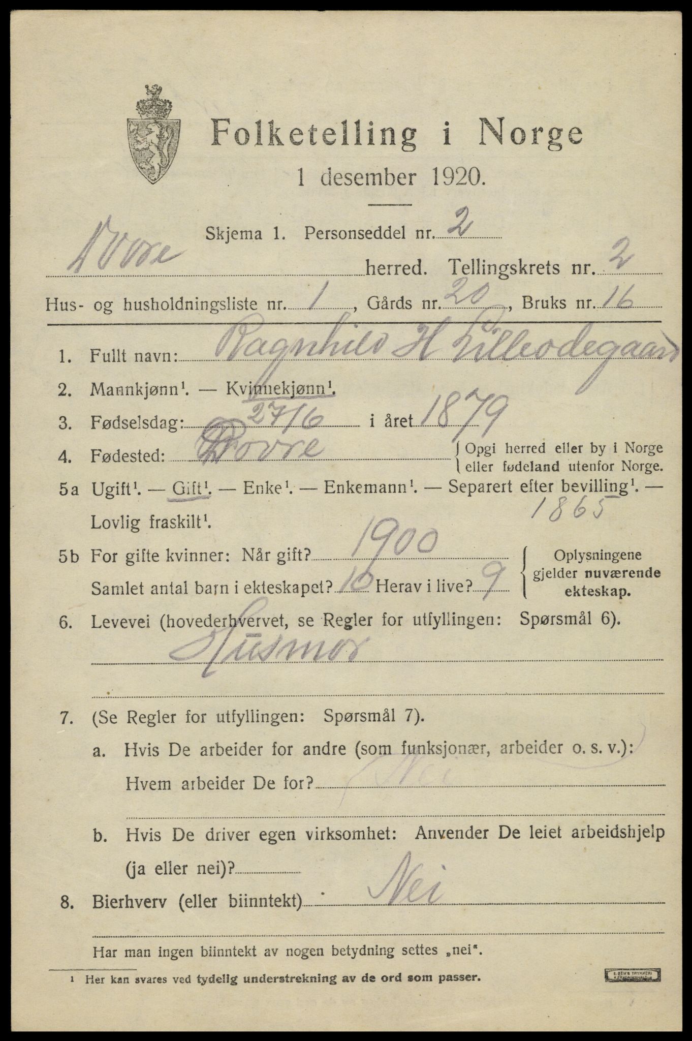 SAH, 1920 census for Dovre, 1920, p. 2404