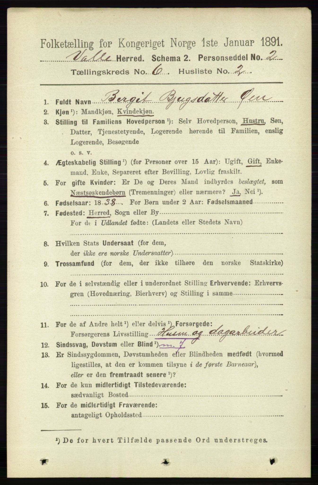 RA, 1891 census for 0940 Valle, 1891, p. 1683