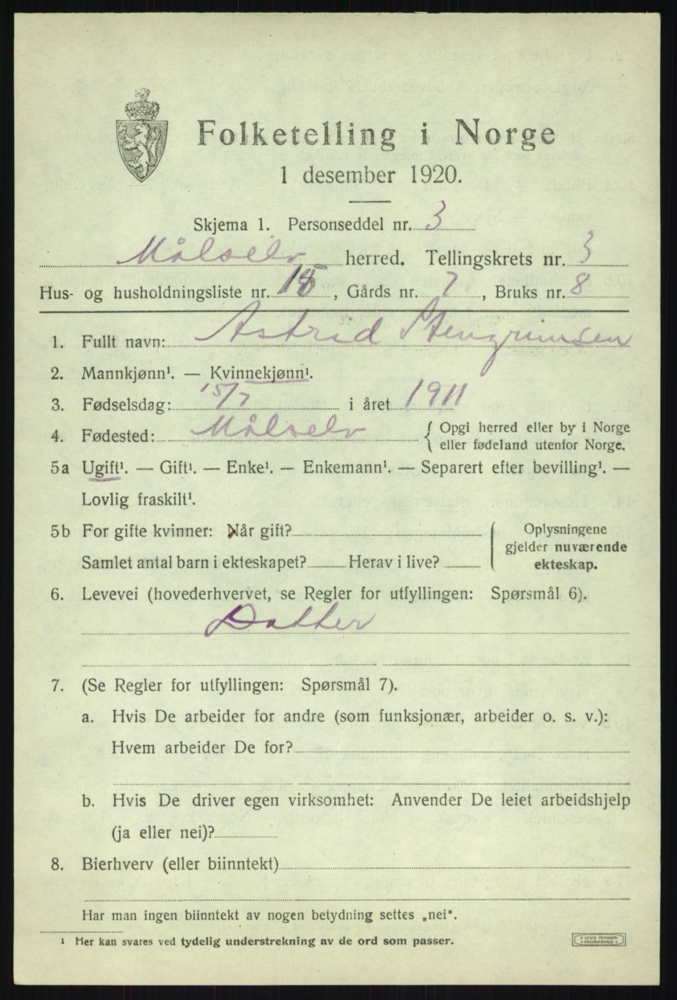 SATØ, 1920 census for Målselv, 1920, p. 2431