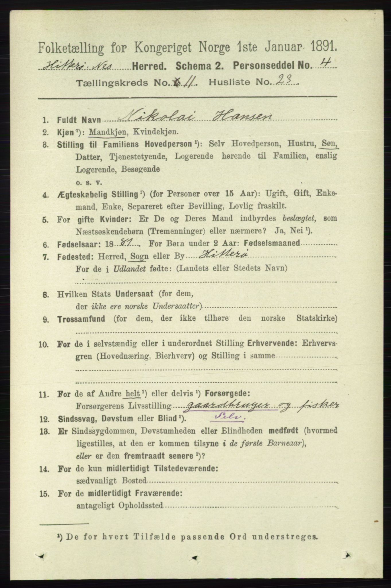 RA, 1891 census for 1043 Hidra og Nes, 1891, p. 4603