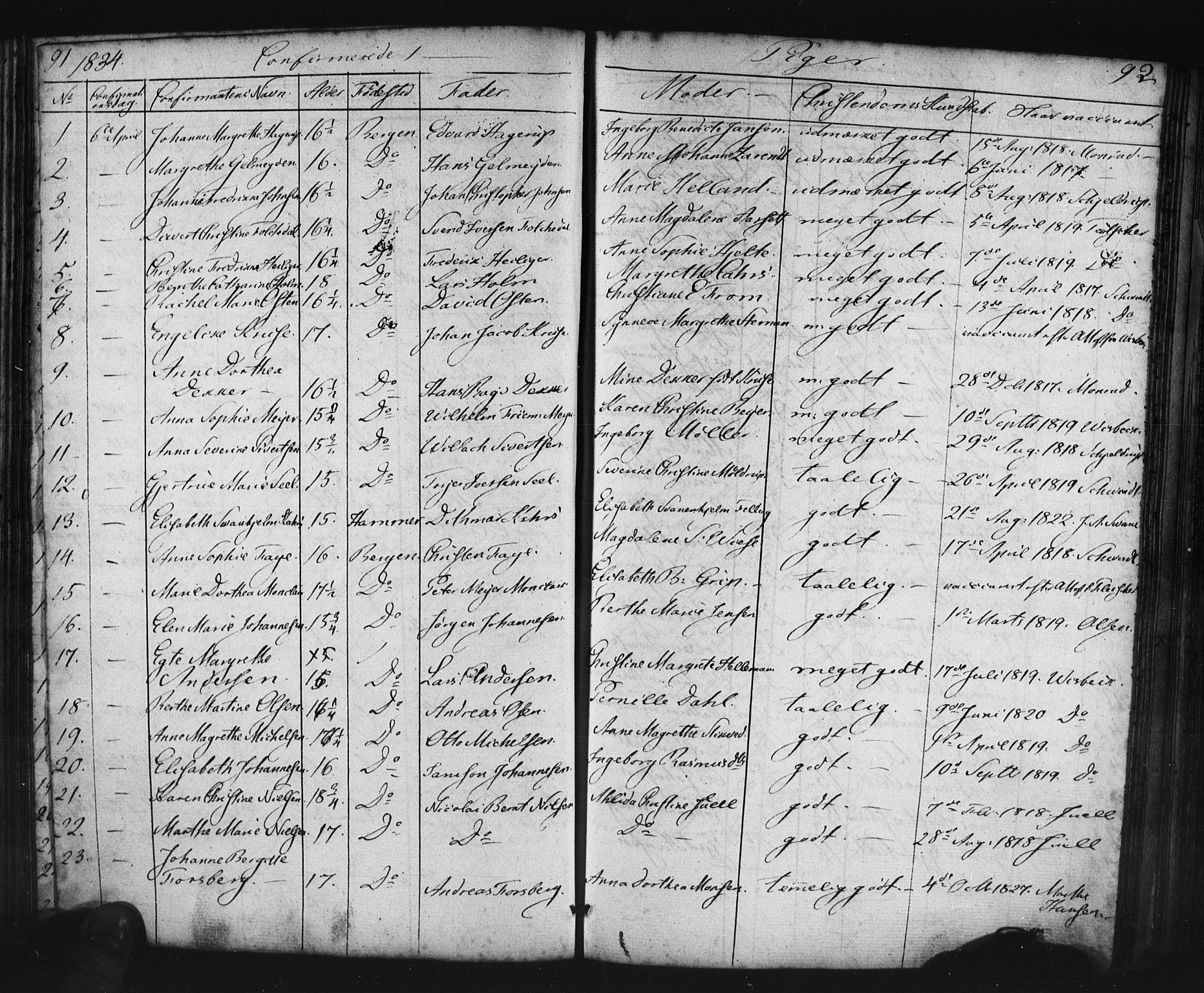 Domkirken sokneprestembete, AV/SAB-A-74801/H/Haa/L0063: Curate's parish register no. A 1, 1821-1848, p. 91-92