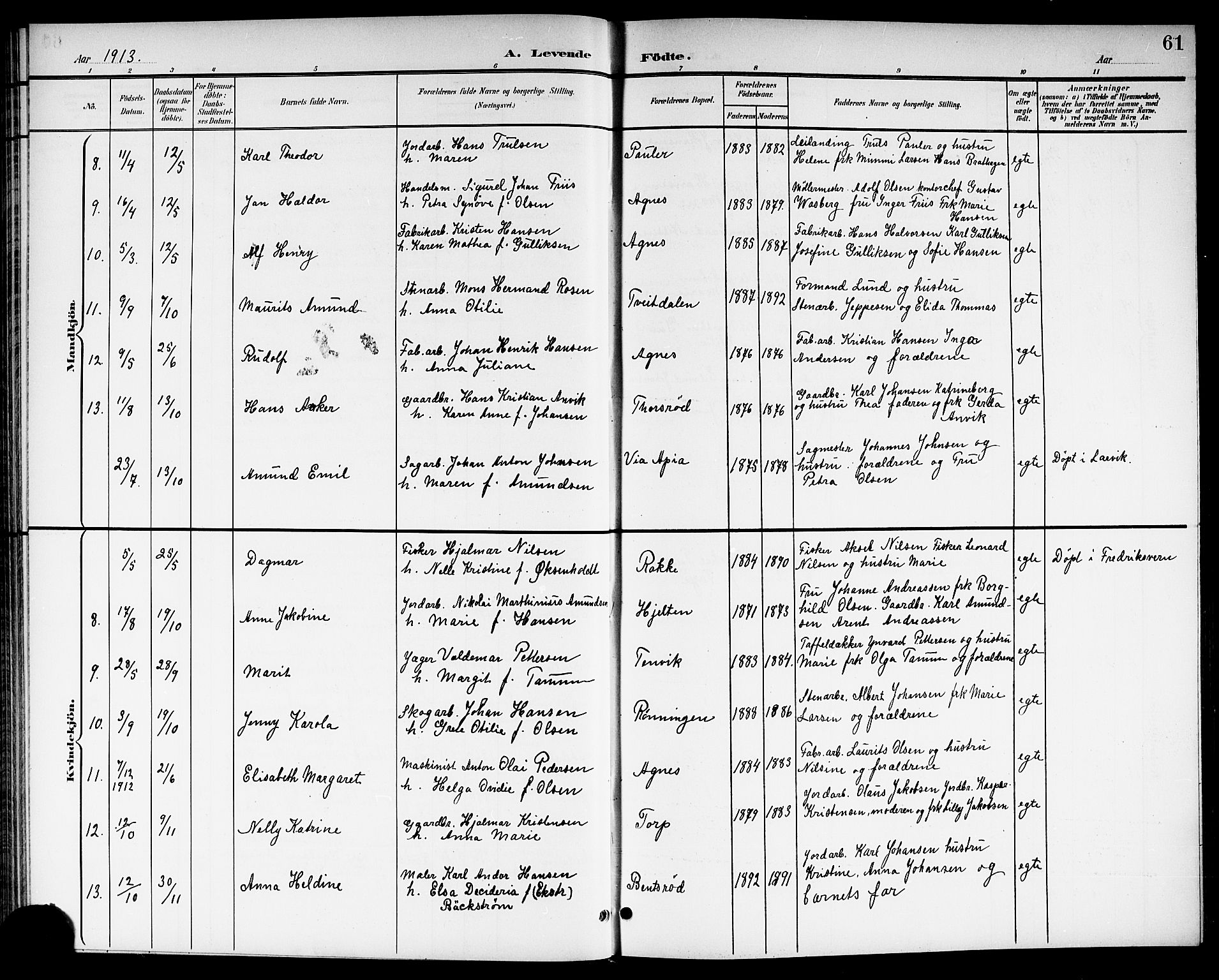Brunlanes kirkebøker, SAKO/A-342/G/Ga/L0004: Parish register (copy) no. I 4, 1898-1921, p. 61