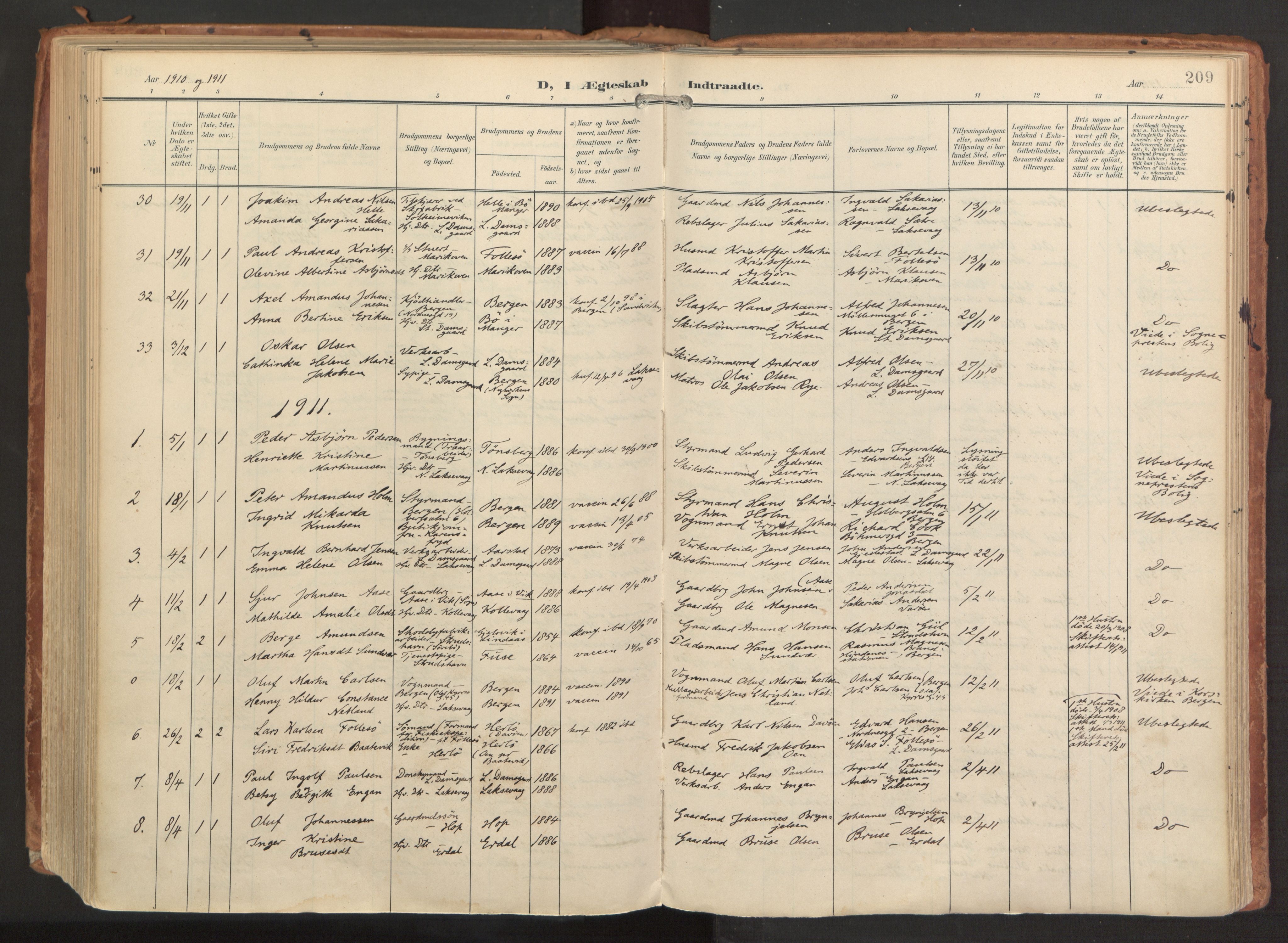 Laksevåg Sokneprestembete, AV/SAB-A-76501/H/Ha/Haa/Haaa/L0001: Parish register (official) no. A 1, 1903-1917, p. 209